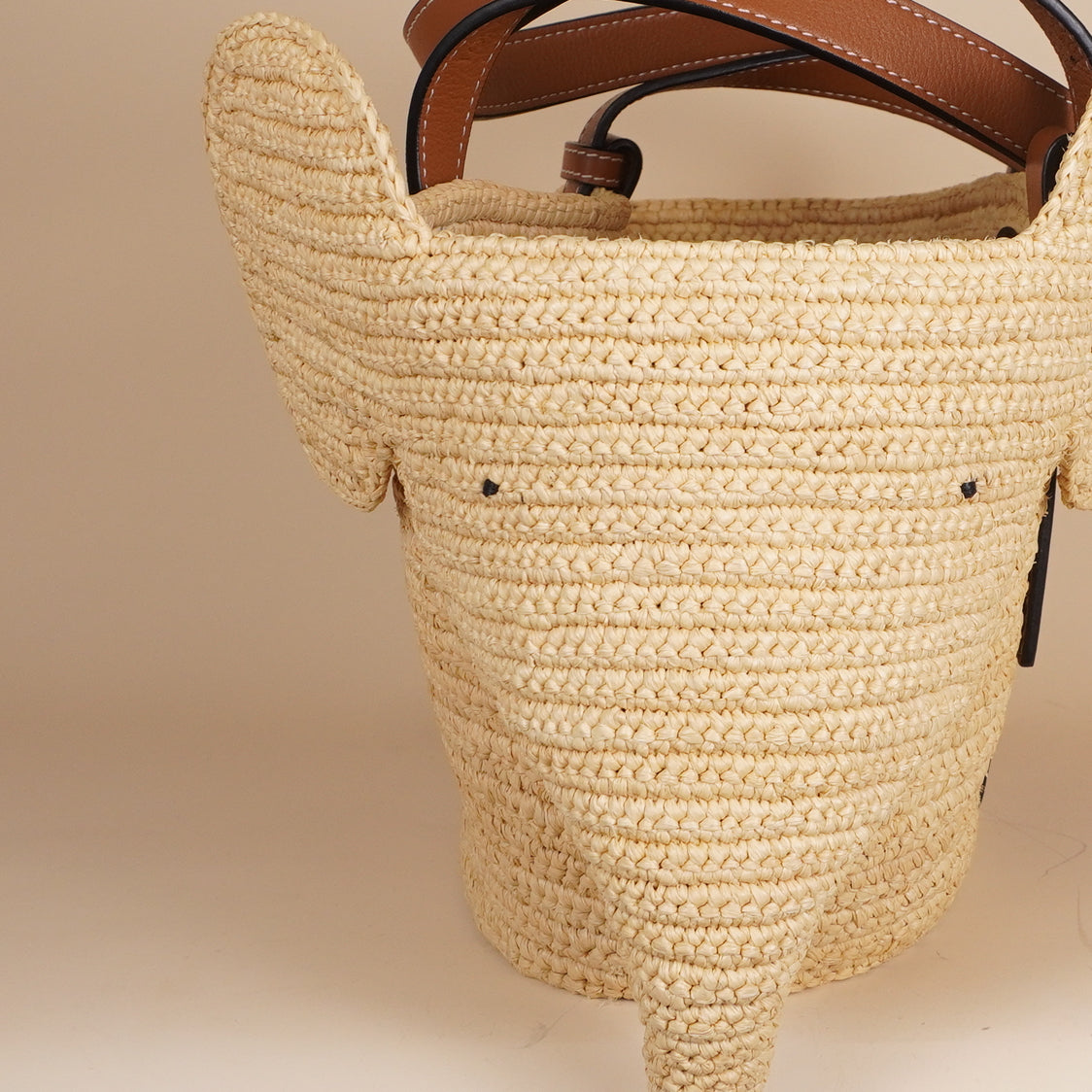 PRE-OWNED Tan Raffia Medium Elephant Basket Tote