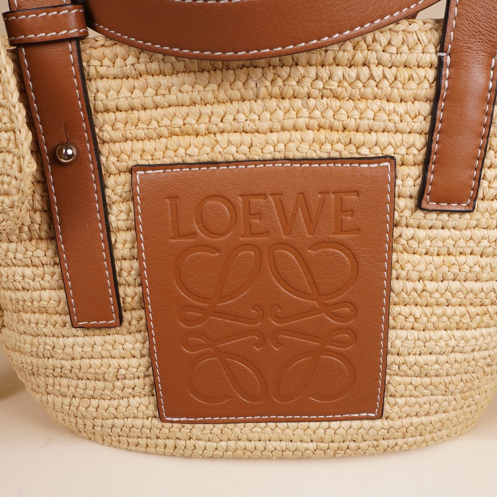 PRE-OWNED Tan Raffia Medium Elephant Basket Tote