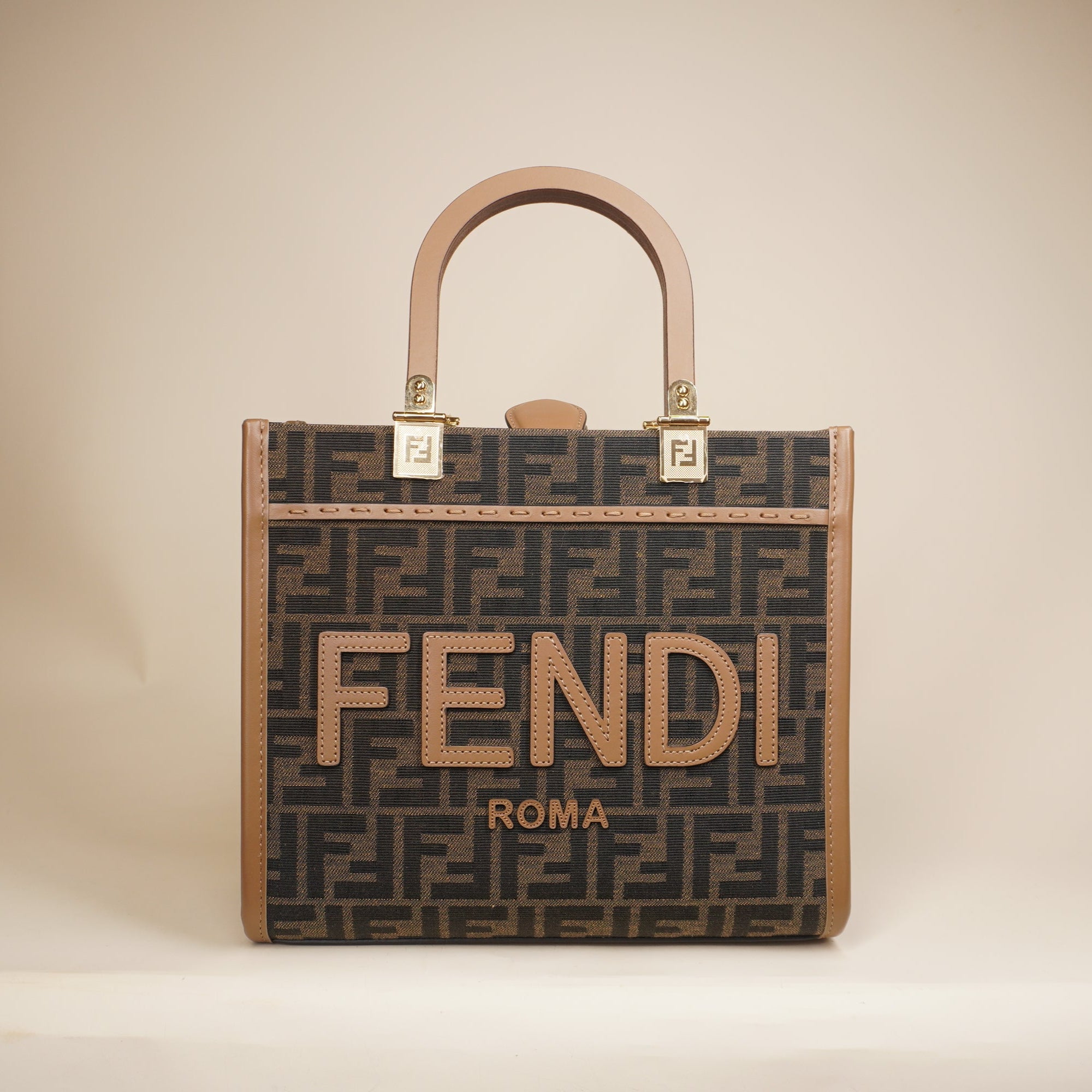 PRE-OWNED Fabric Jacquard FF 1974 Small Sunshine Shopper Tote Brown Moro Sand
