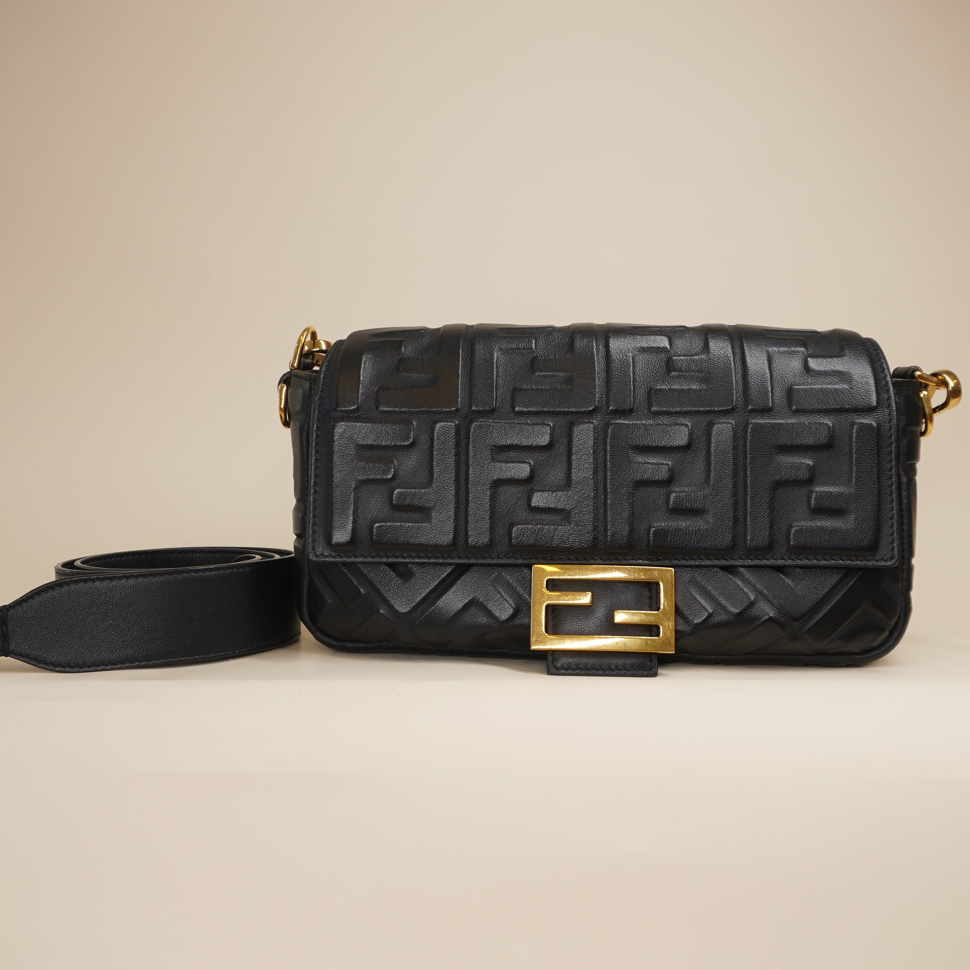 PRE-OWNED FF Baguette Black Lambskin Medium Shoulder Bag