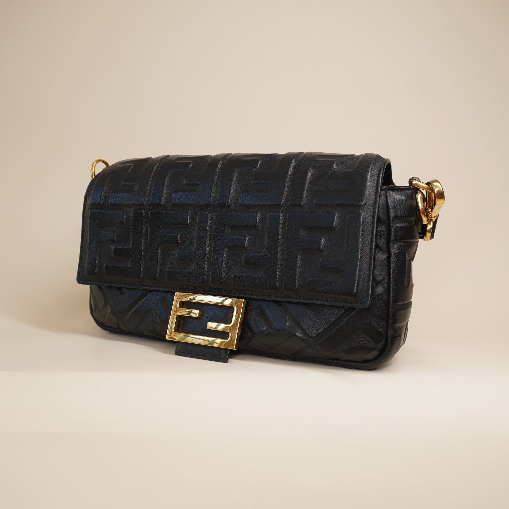 PRE-OWNED FF Baguette Black Lambskin Medium Shoulder Bag