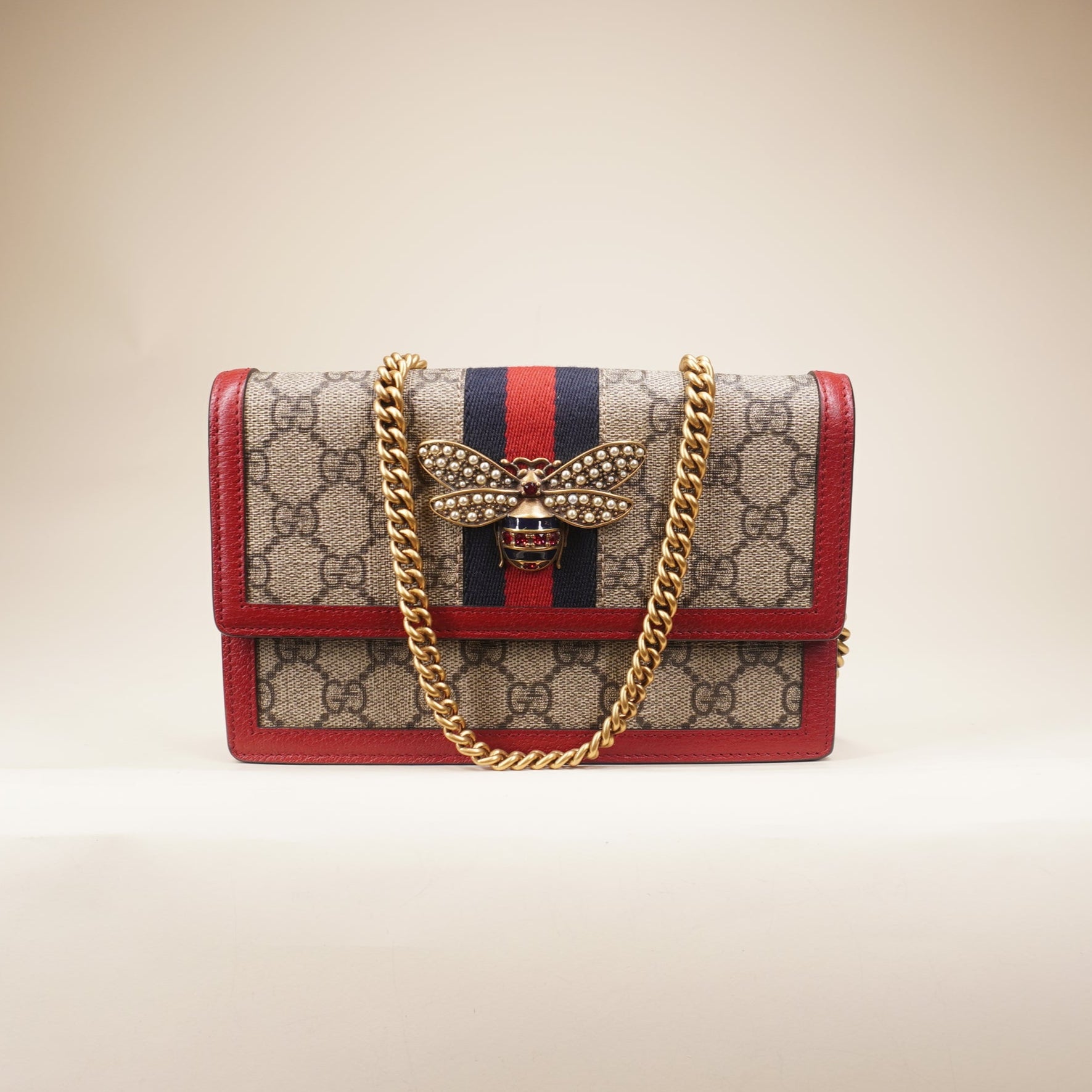 PRE-OWNED GG Supreme Monogram Web Queen Margaret Chain Walle