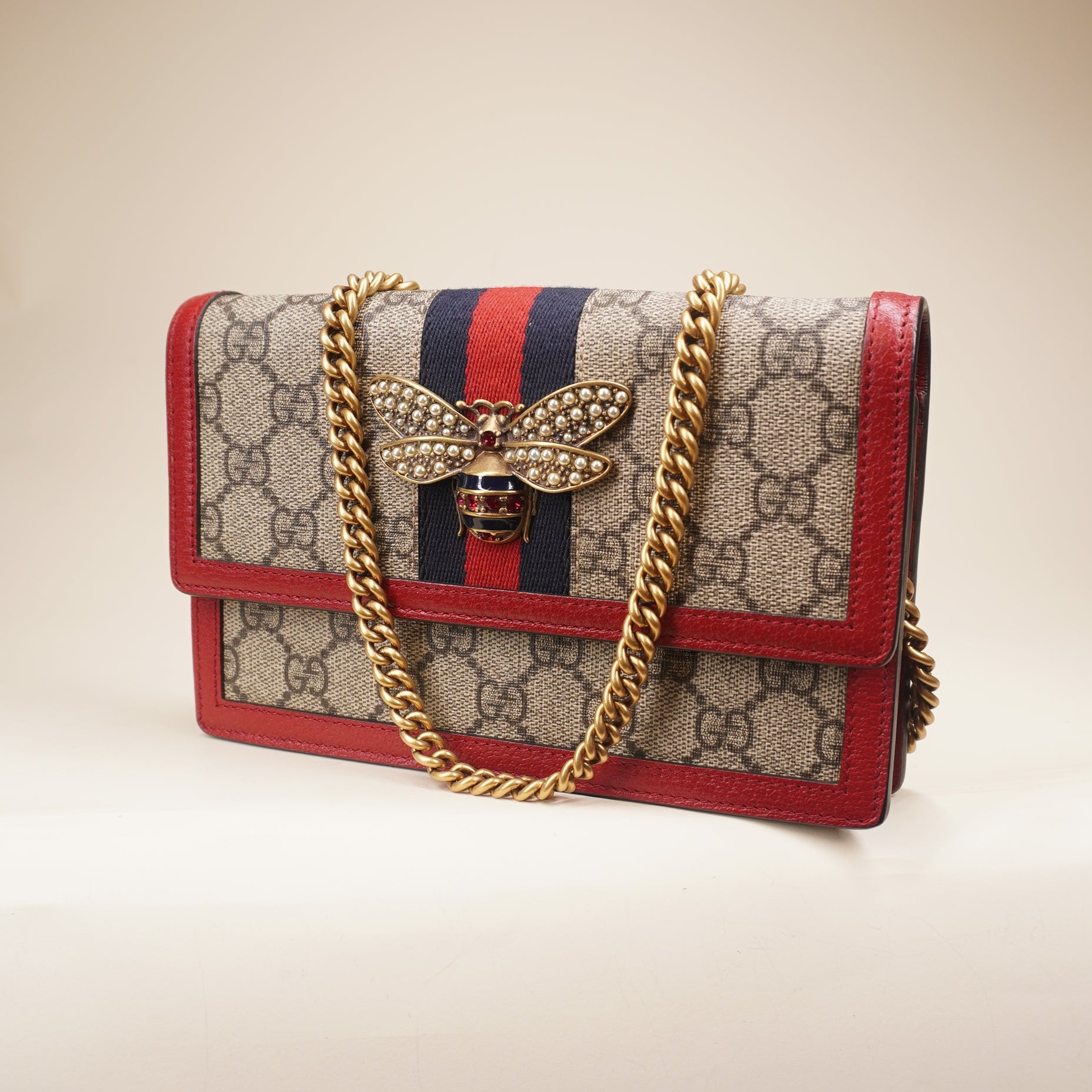 PRE-OWNED GG Supreme Monogram Web Queen Margaret Chain Walle