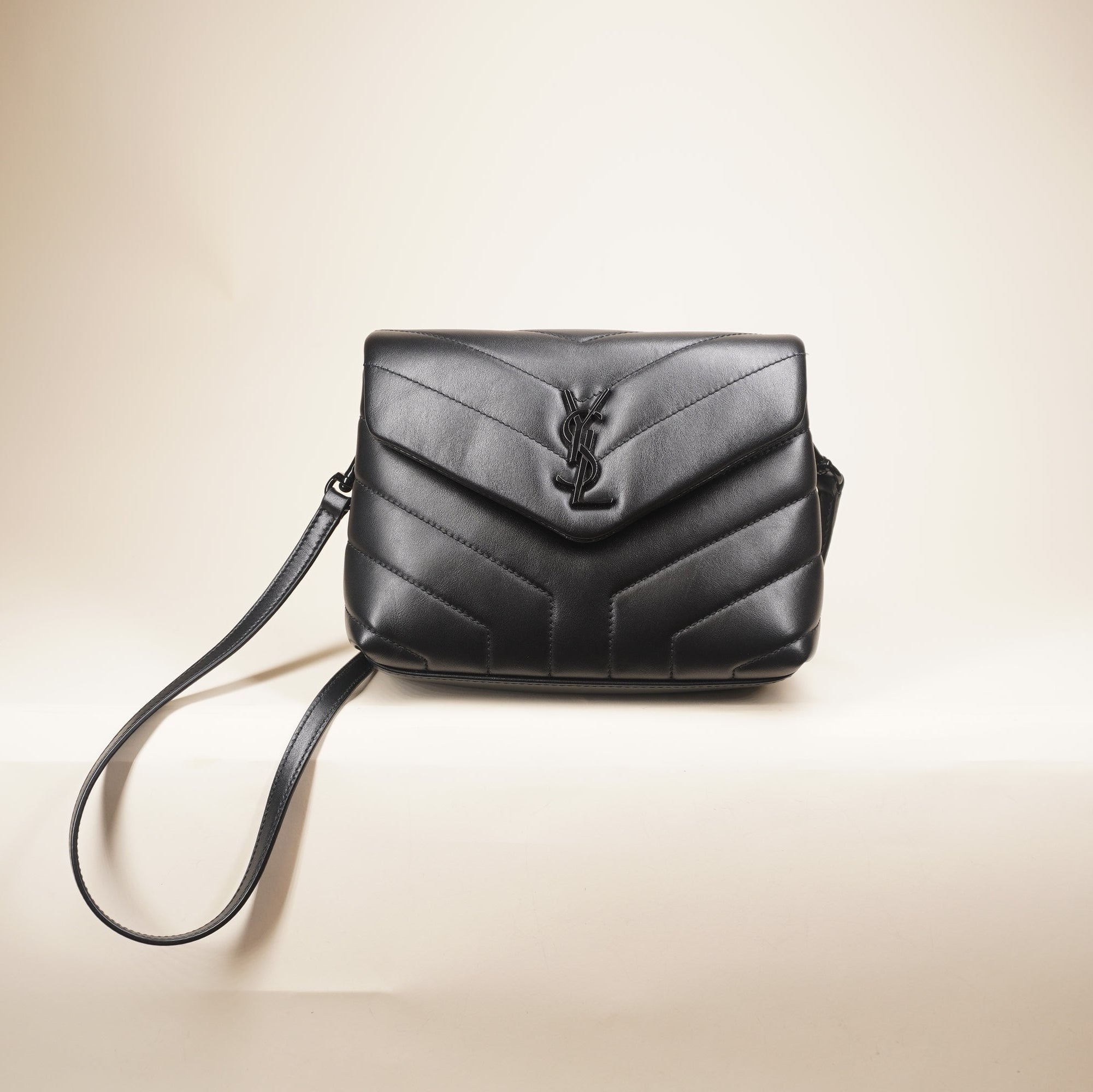 PRE-OWNED Black Calfskin Y Quilted Monogram Monochrome Toy Loulou Crossbody Bag