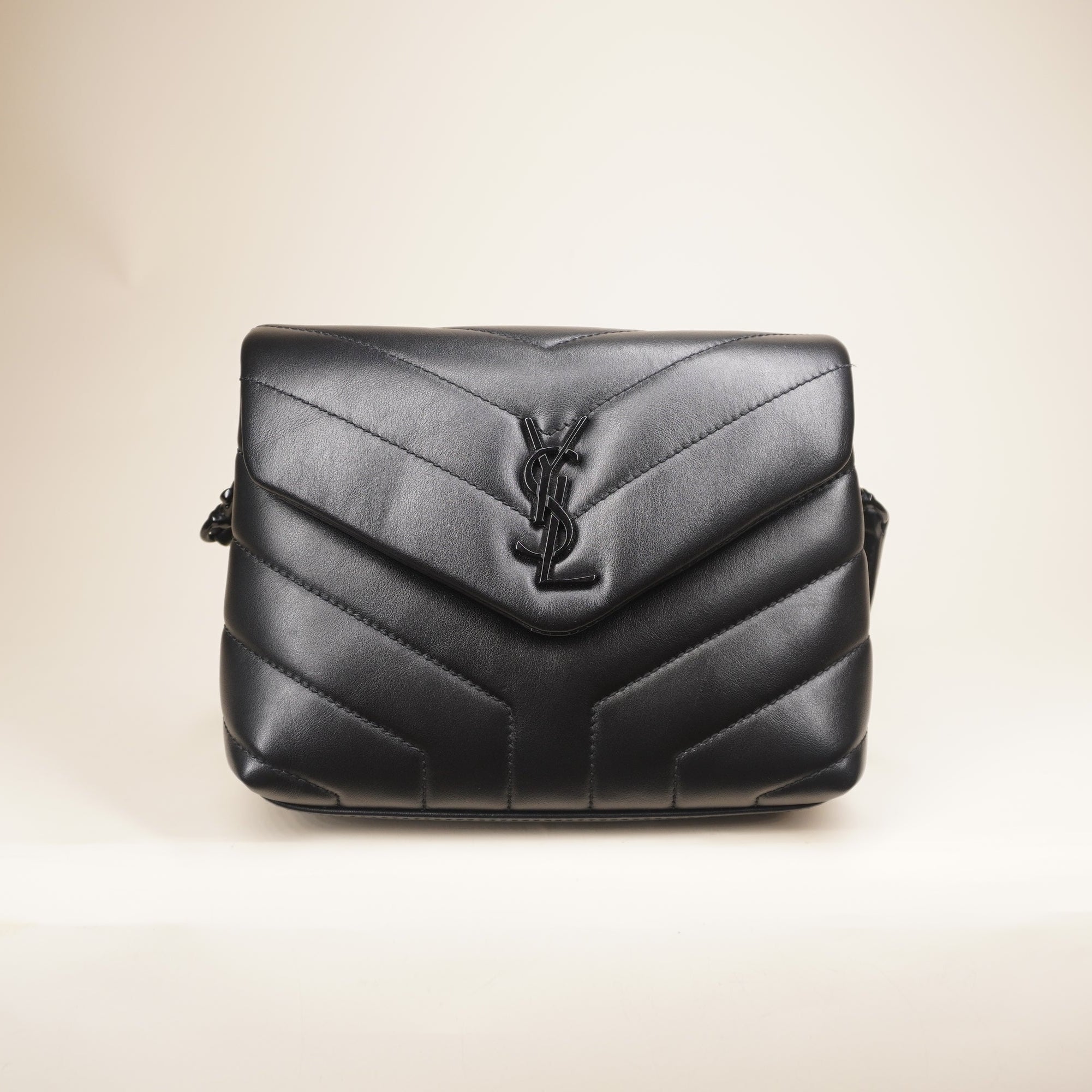 PRE-OWNED Black Calfskin Y Quilted Monogram Monochrome Toy Loulou Crossbody Bag