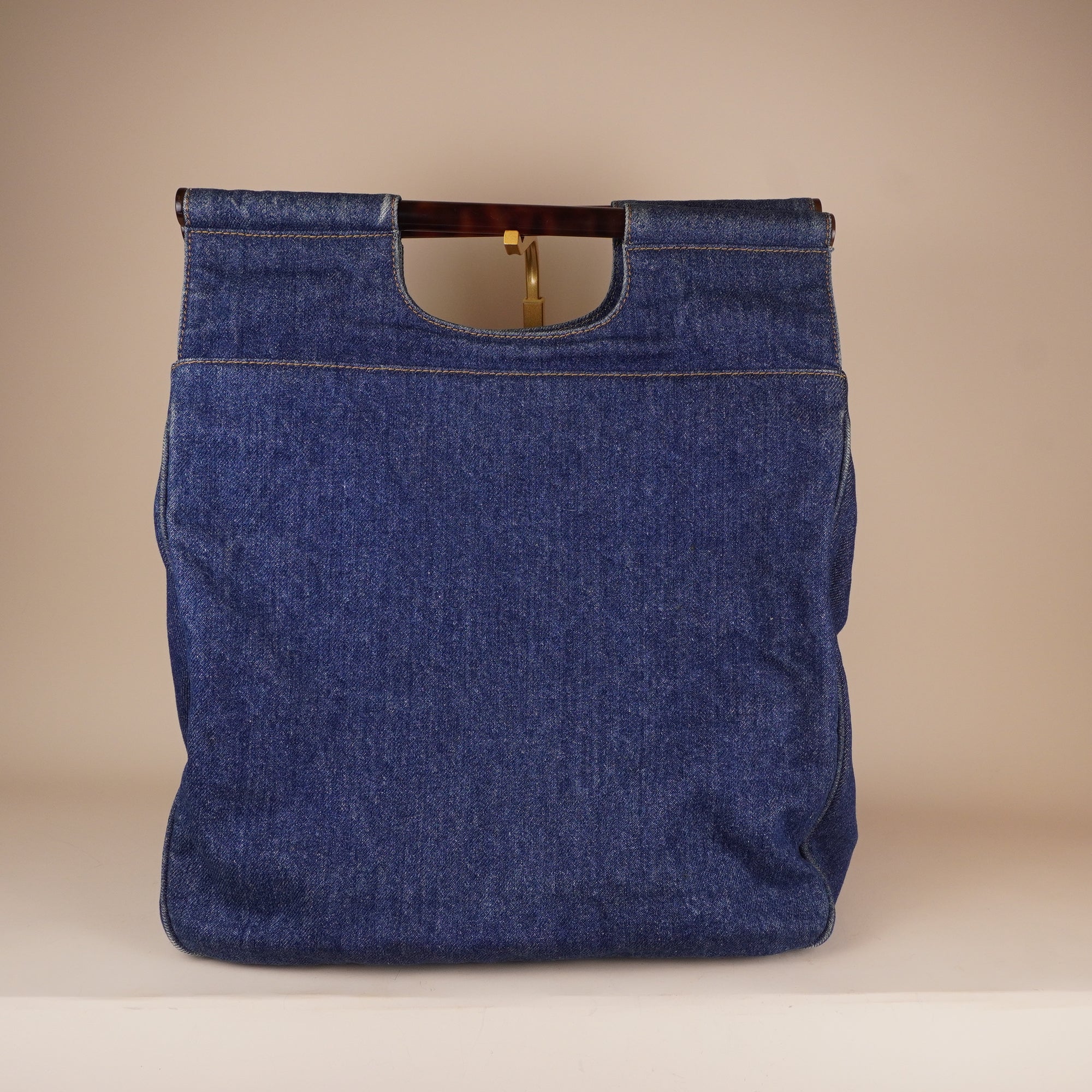 PRE-OWNED CC Denim Tortoise Shell Handle Tote Bag Blue Classic