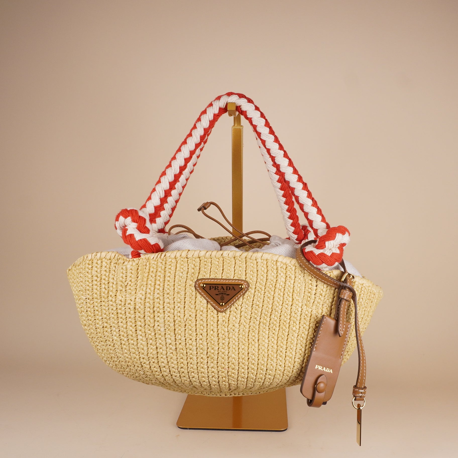 PRE-OWNED Beige Small Crotchet Bag Raffia with Red & White Rope