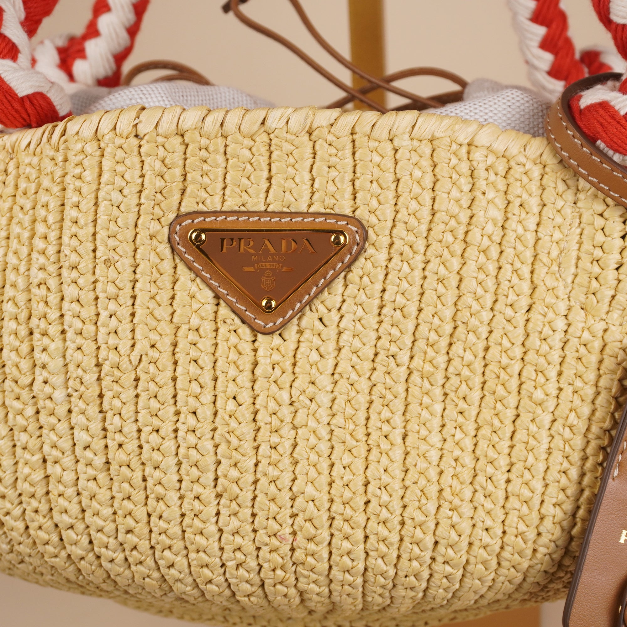PRE-OWNED Beige Small Crotchet Bag Raffia with Red & White Rope