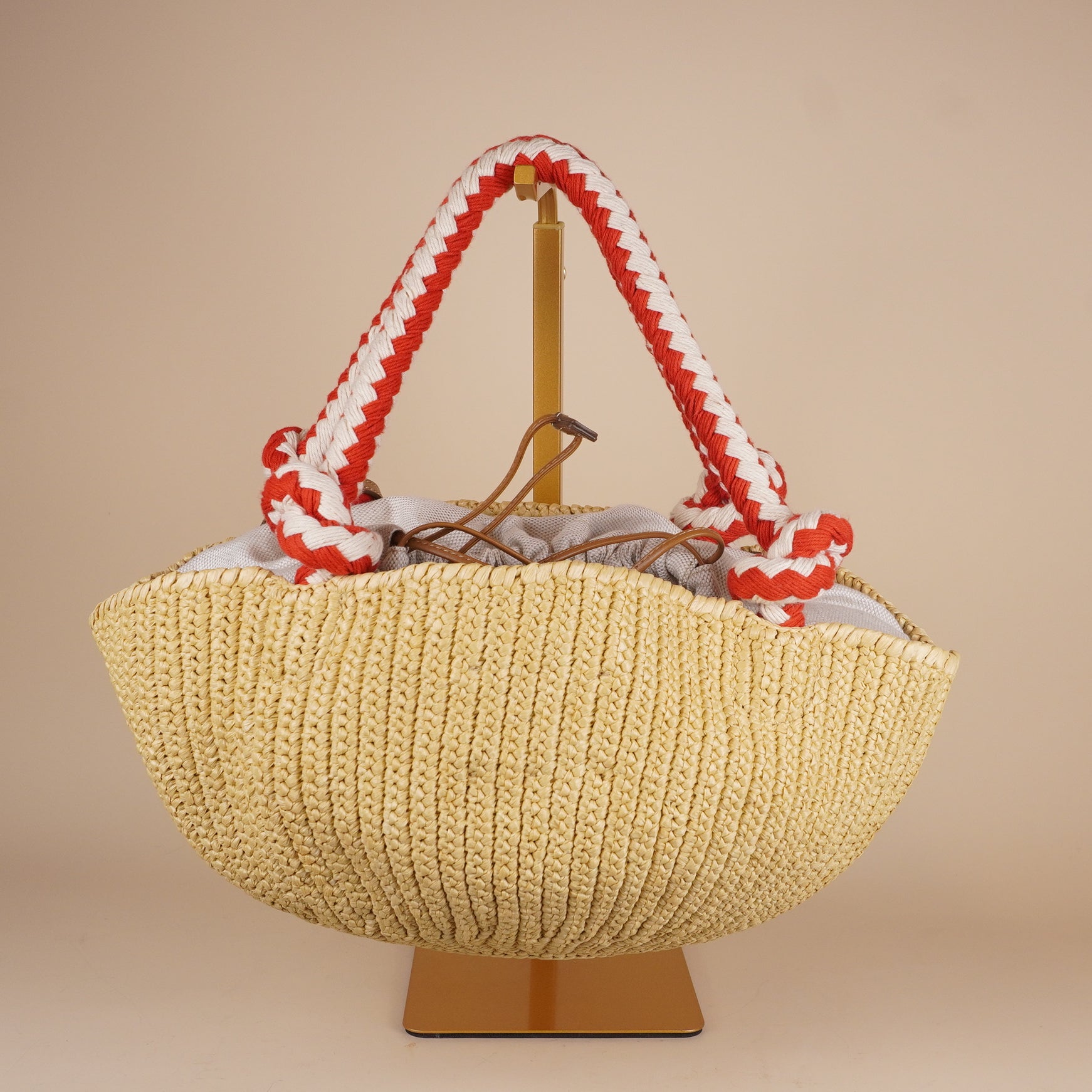 PRE-OWNED Beige Small Crotchet Bag Raffia with Red & White Rope