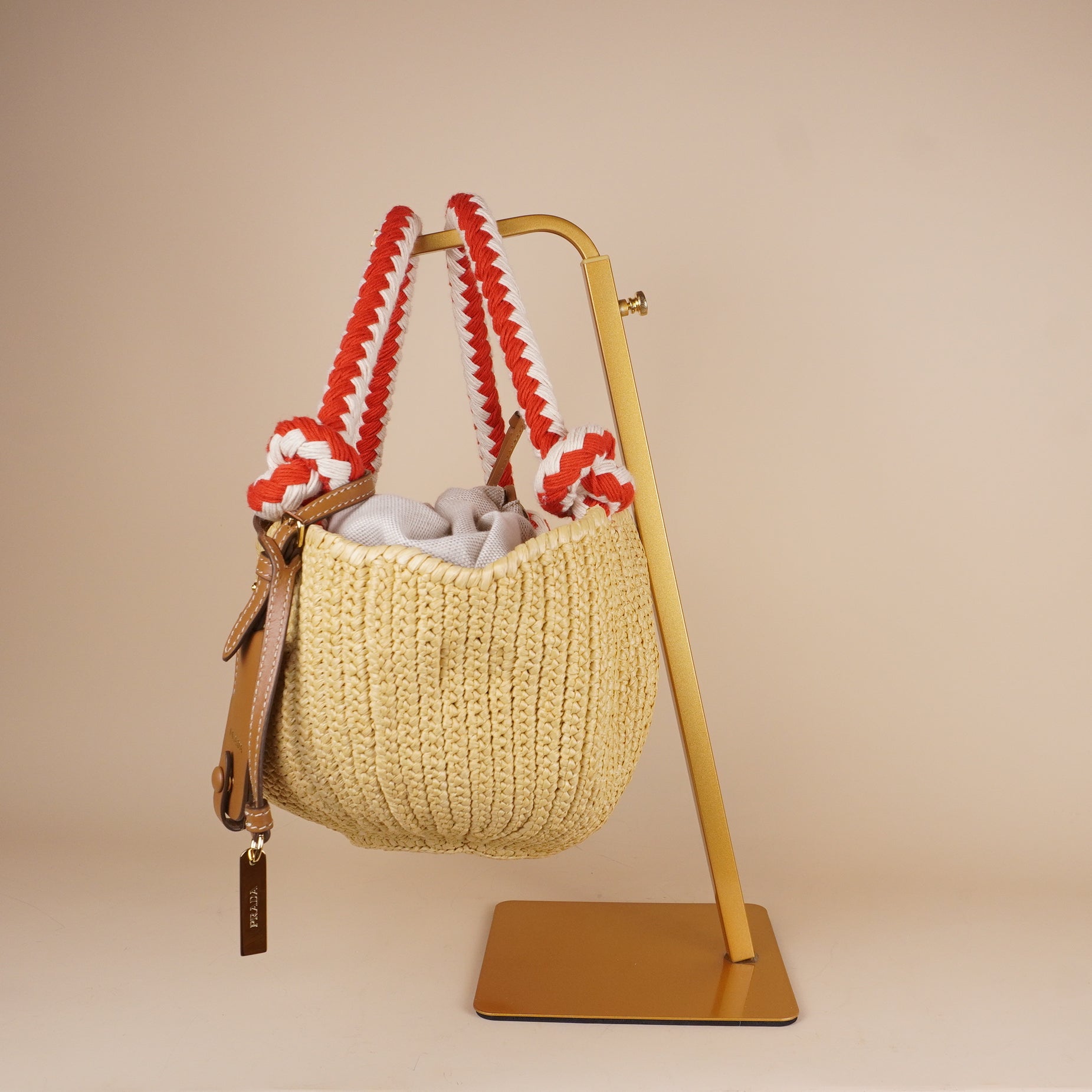 PRE-OWNED Beige Small Crotchet Bag Raffia with Red & White Rope