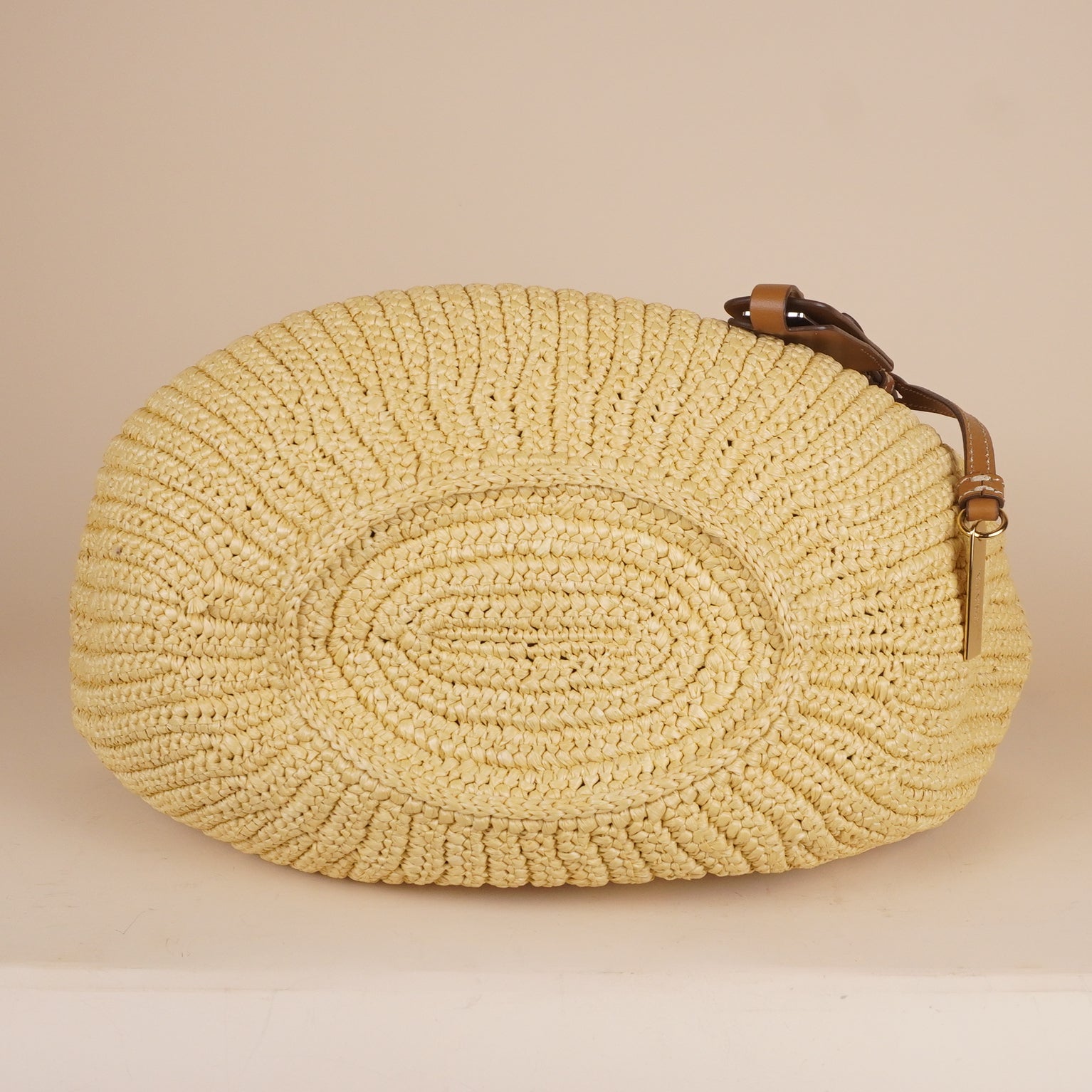 PRE-OWNED Beige Small Crotchet Bag Raffia with Red & White Rope