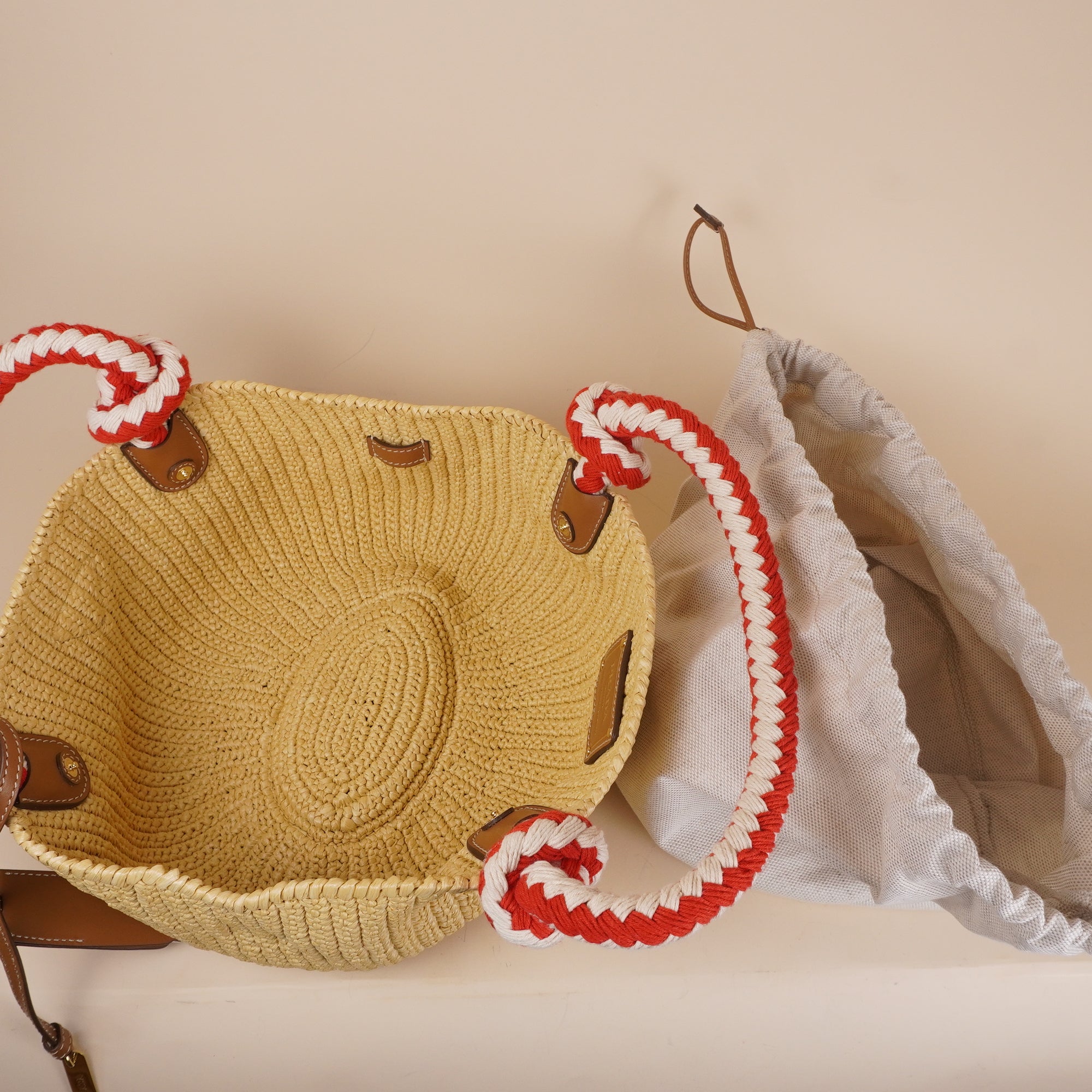 PRE-OWNED Beige Small Crotchet Bag Raffia with Red & White Rope