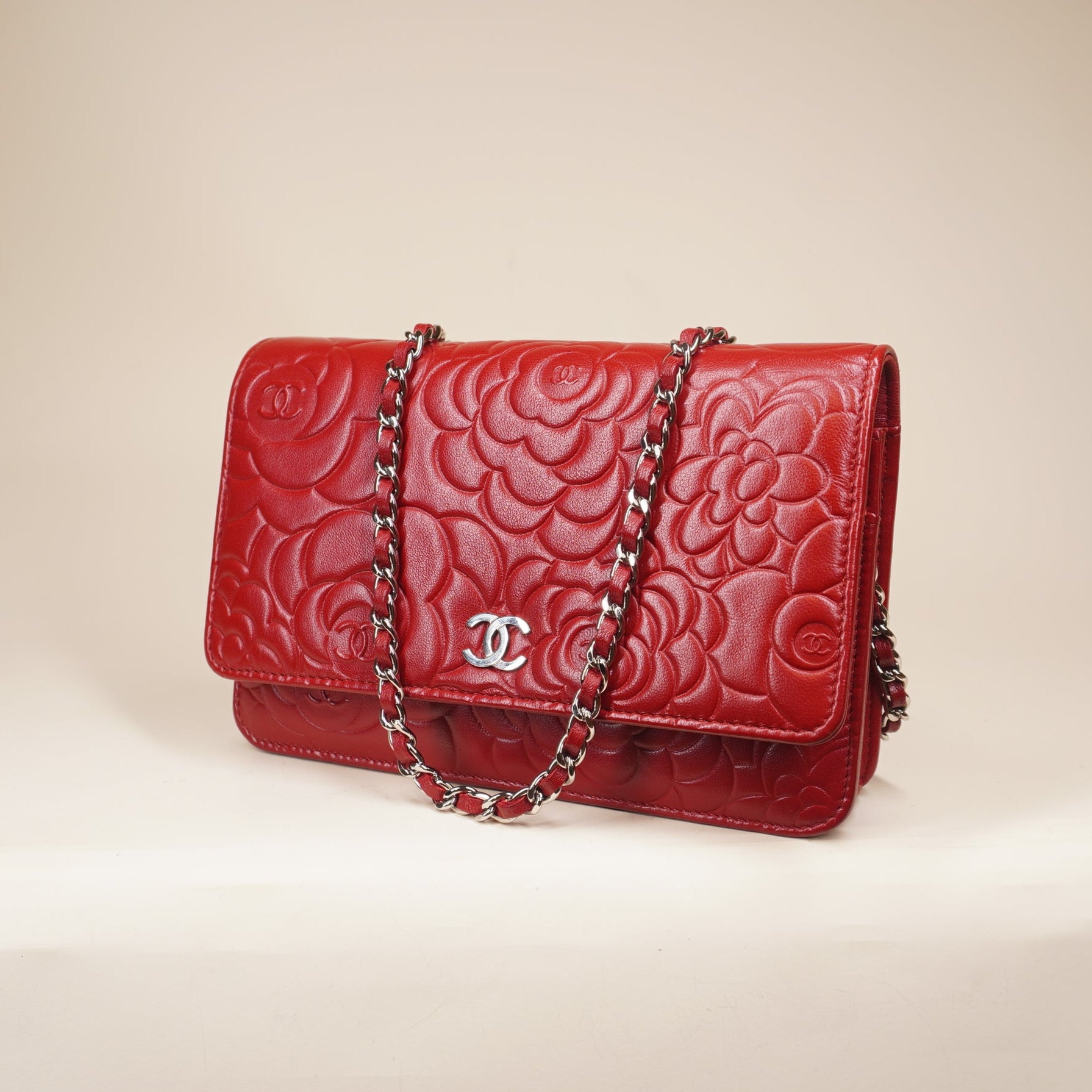 PRE-OWNED CC Red Lambskin Camellia Embossed Wallet on Chain