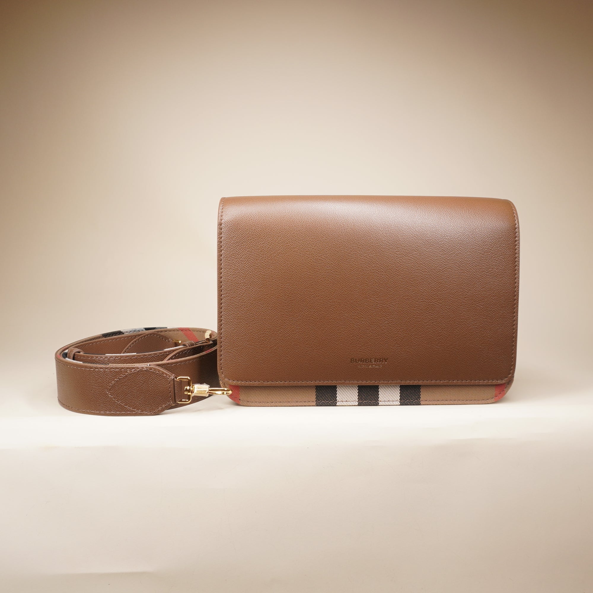 PRE-OWNED Derby Calfskin House Check Mackford Crossbody Bag Brown