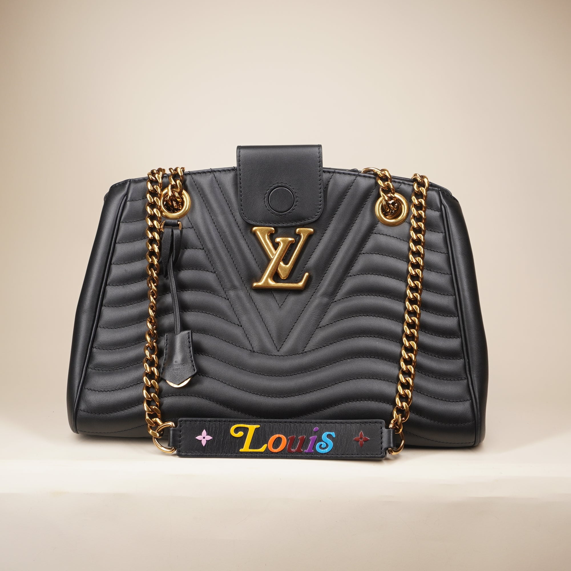 PRE-OWNED LV Black Calfskin New Wave Chain Tote Shoulder Bag