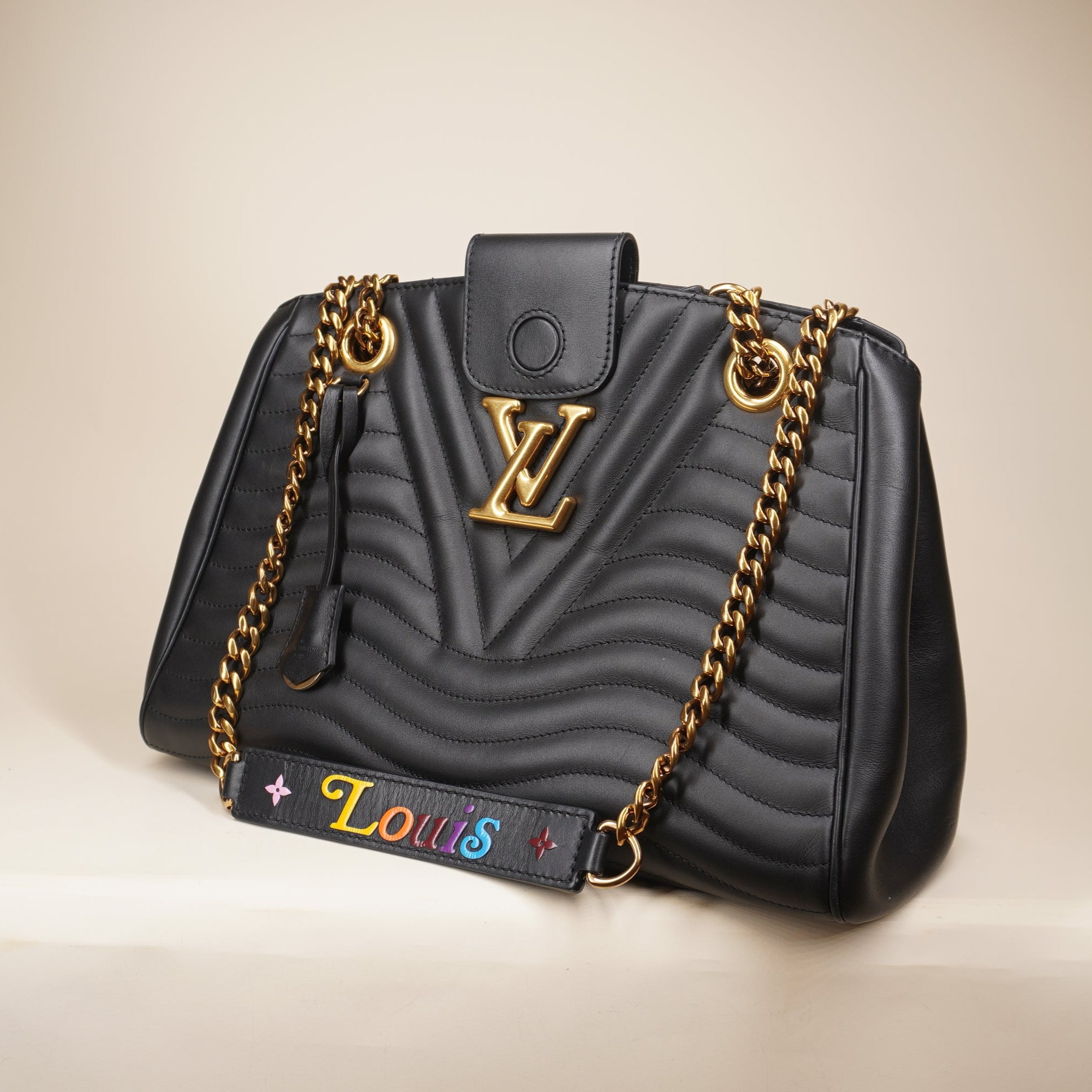 PRE-OWNED LV Black Calfskin New Wave Chain Tote Shoulder Bag