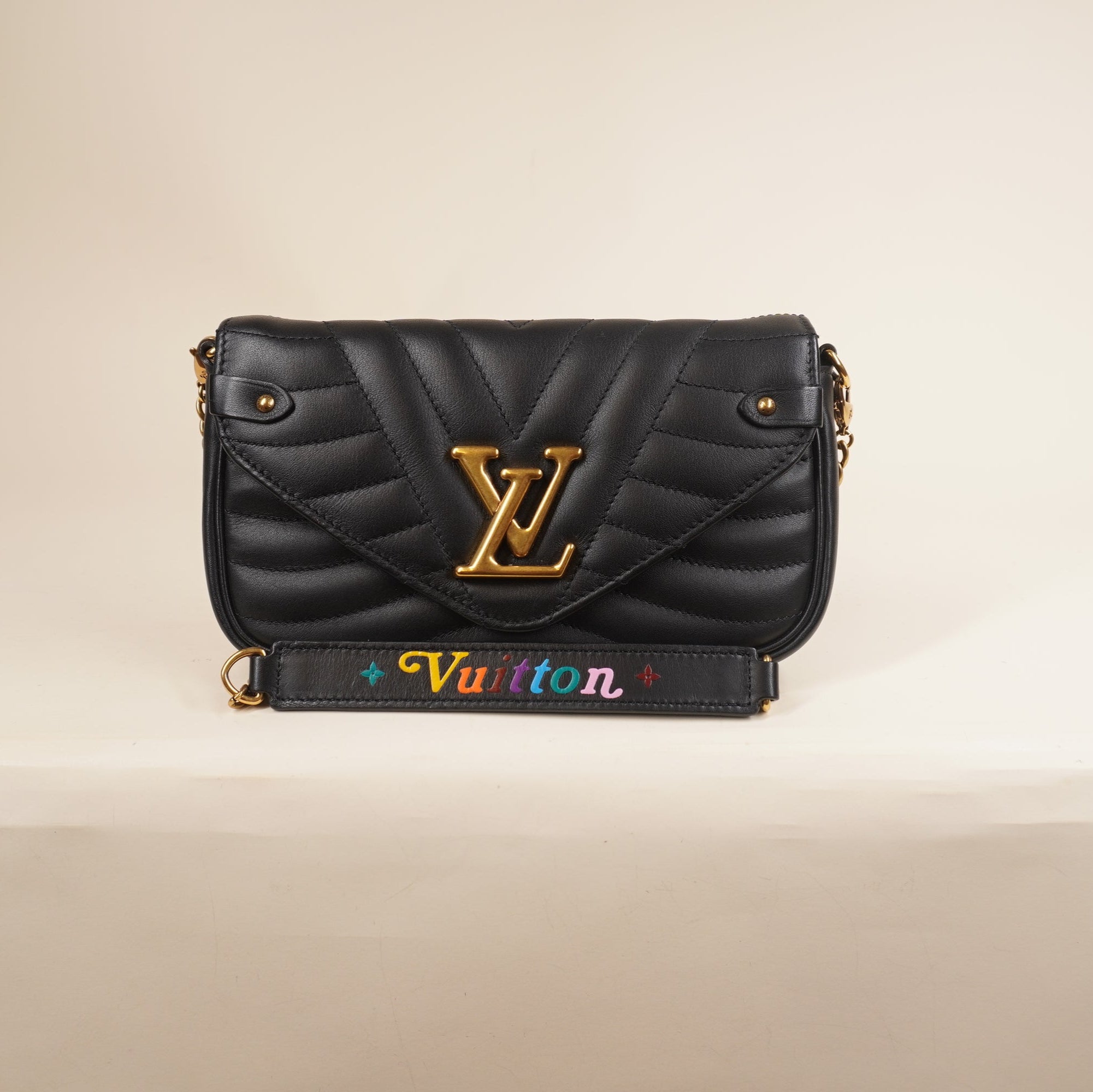 PRE-OWNED LV Black Calfskin New Wave Chain Pochette Shoulder Bag