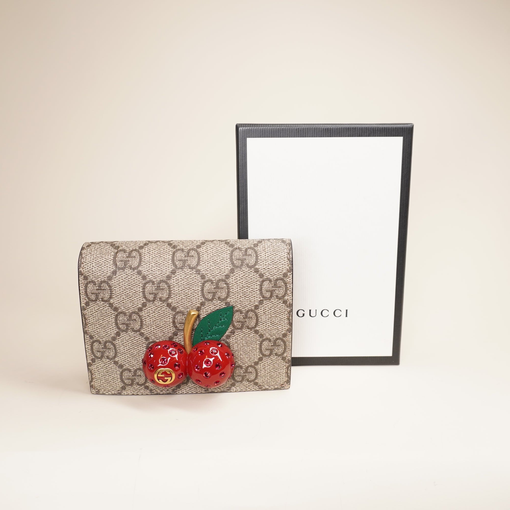 PRE-OWNED Cherry GG Supreme Canvas Card Holder