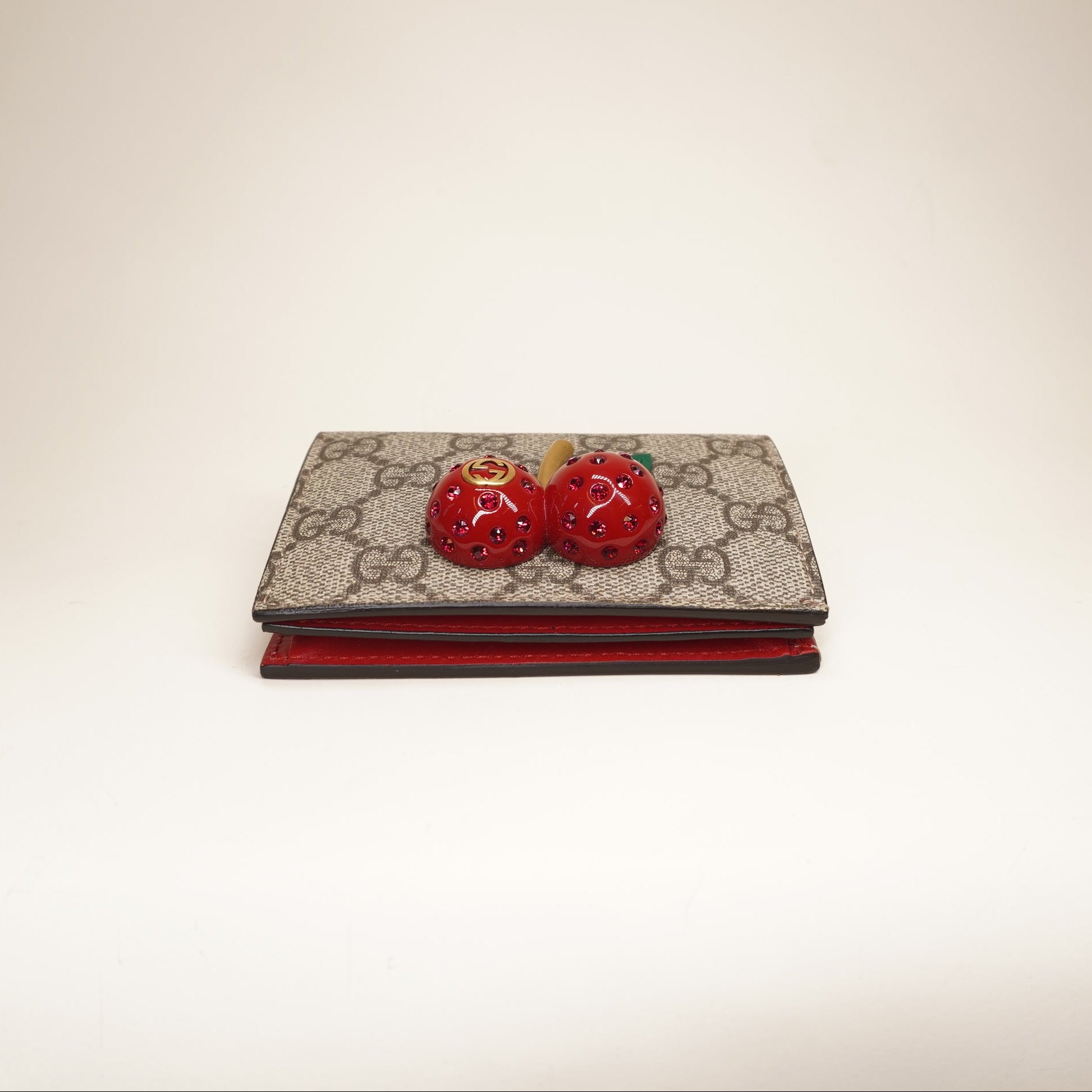 PRE-OWNED Cherry GG Supreme Canvas Card Holder