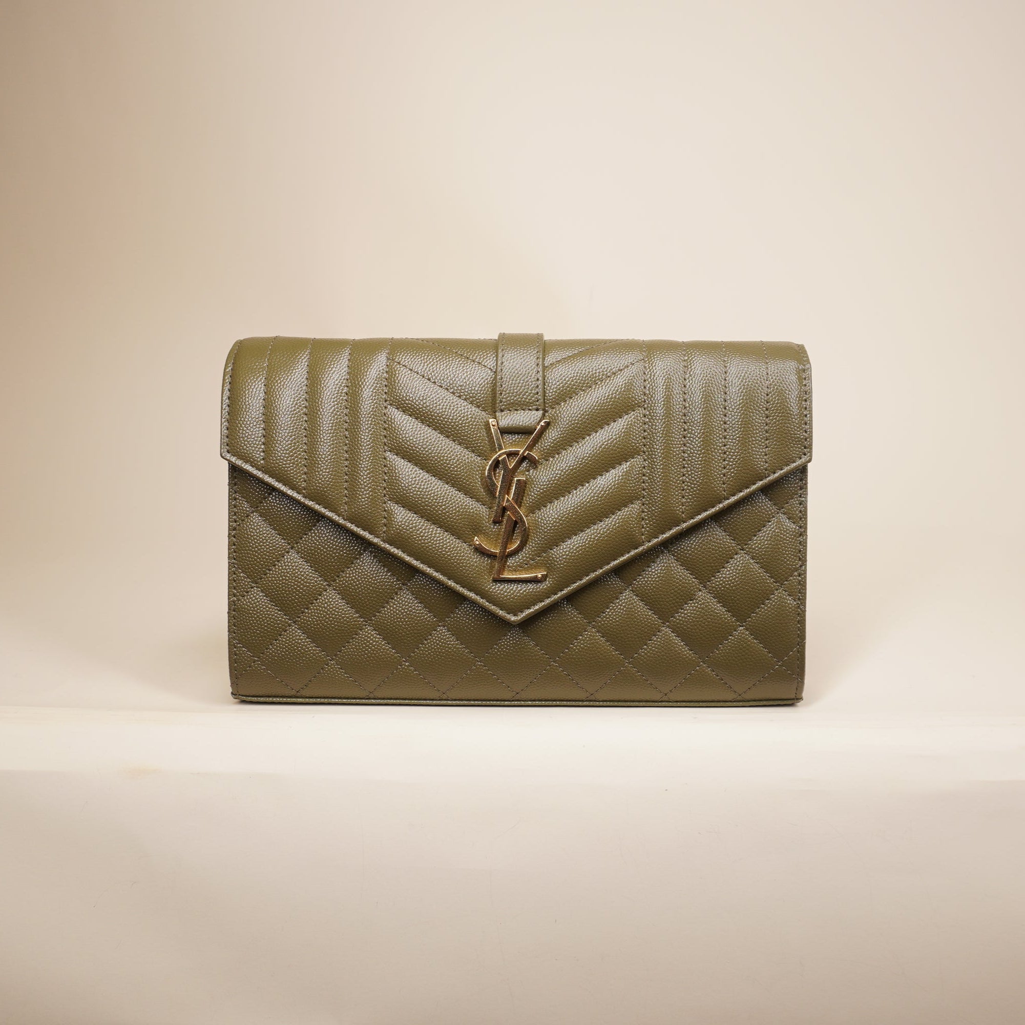 PRE-OWNED Olive Green Envelope Triquilt YSL Wallet On Chain