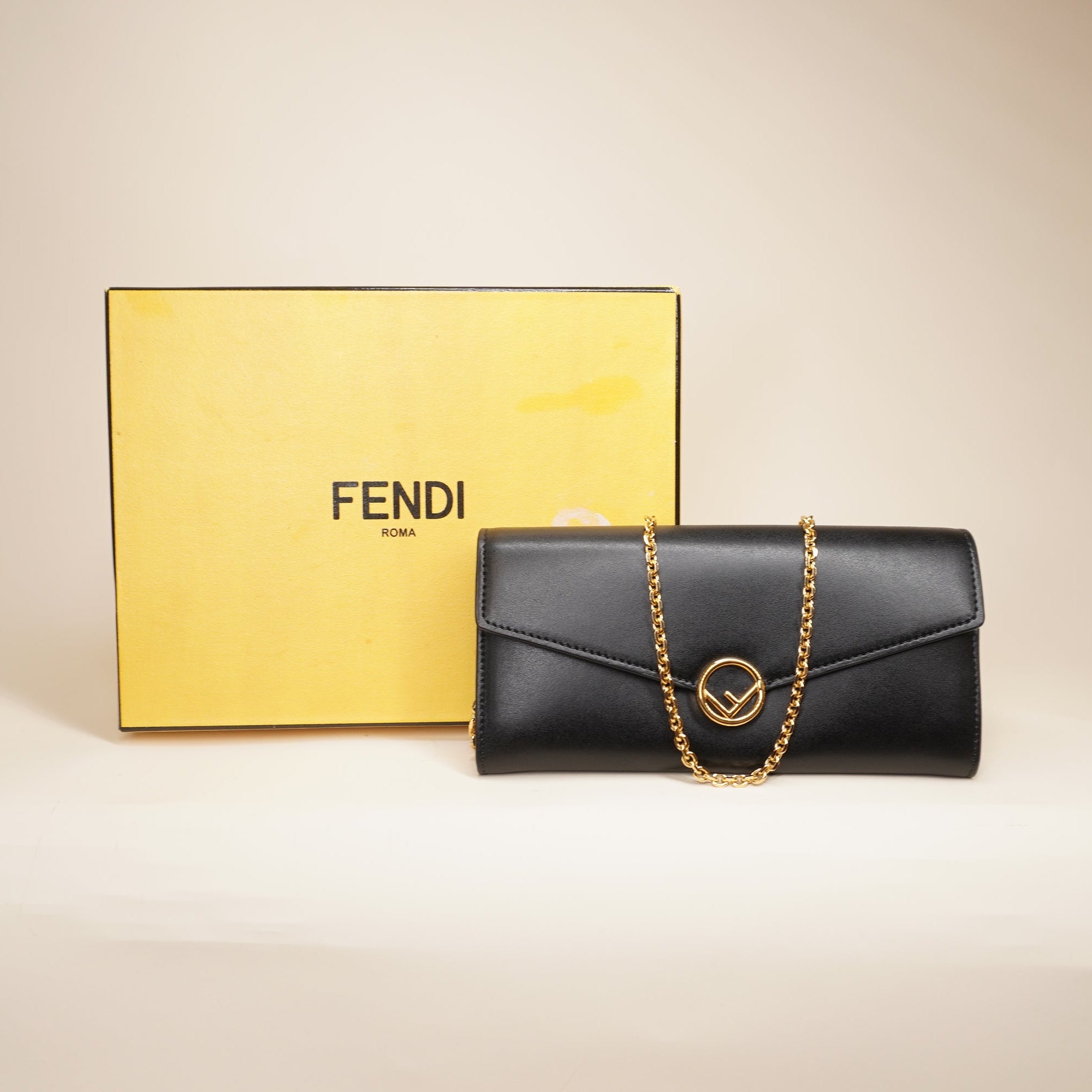 PRE-OWNED FF Black Leather Clutch Crossbody Bag