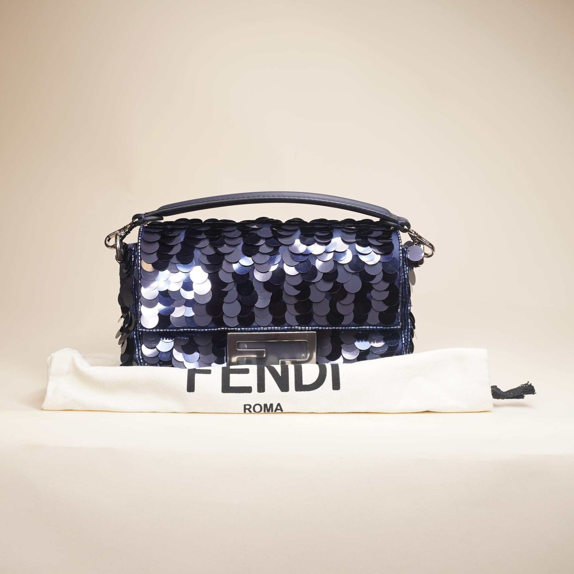 PRE-OWNED  Sequin Paillettes Vitello Grace Striped Mini Baguette Dark Blue Lunai