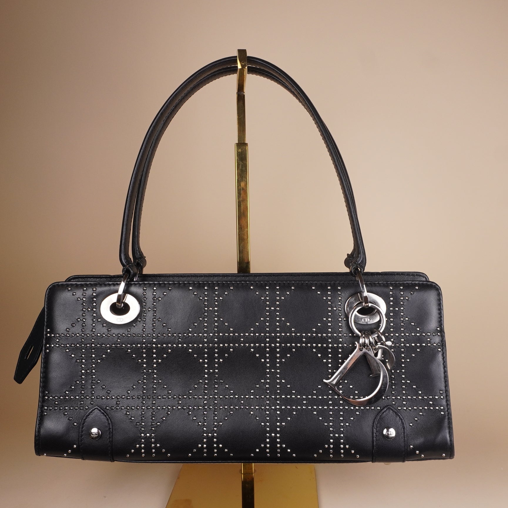 PRE-OWNED Black Studded Lady Dior Cannage Shoulder Bag
