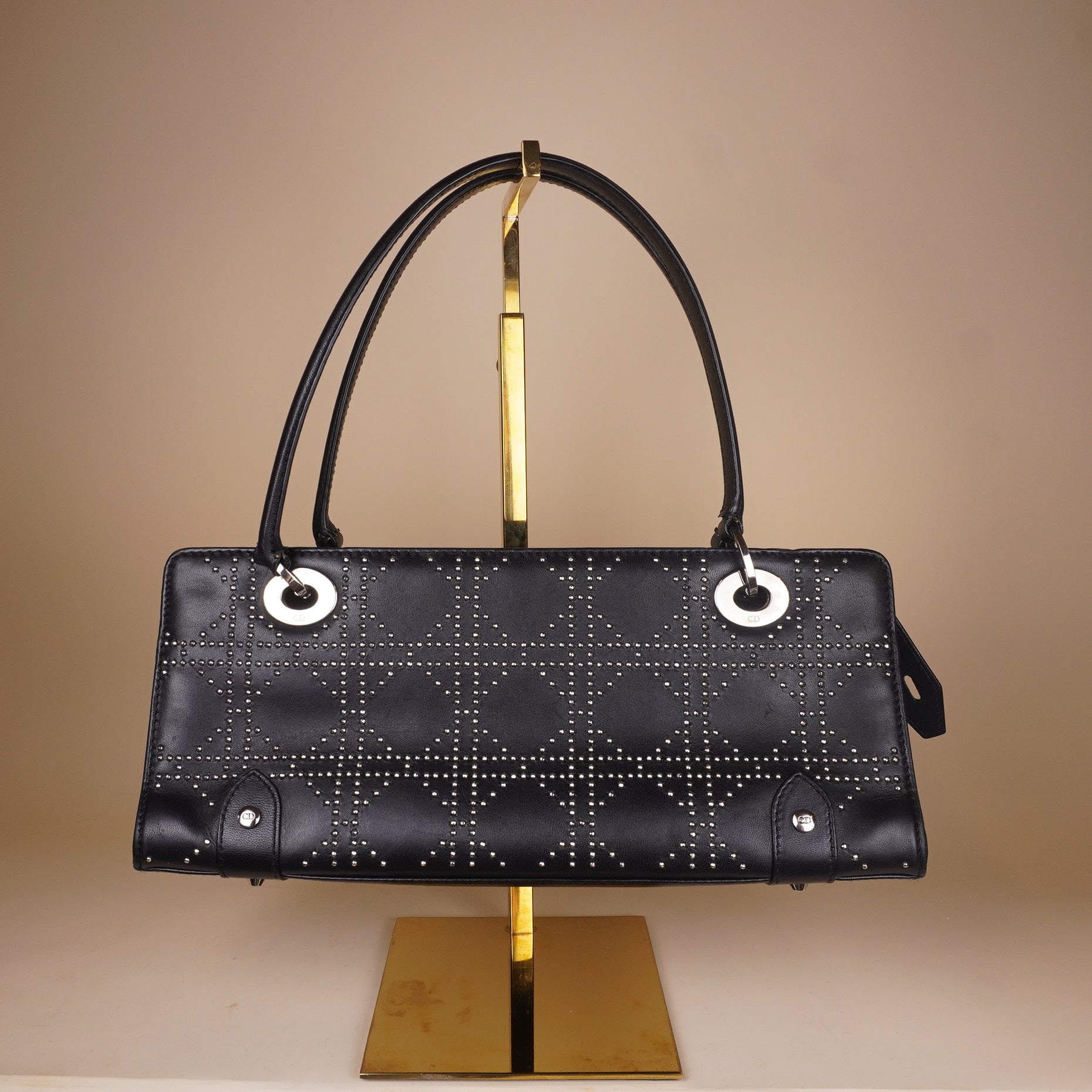 PRE-OWNED Black Studded Lady Dior Cannage Shoulder Bag