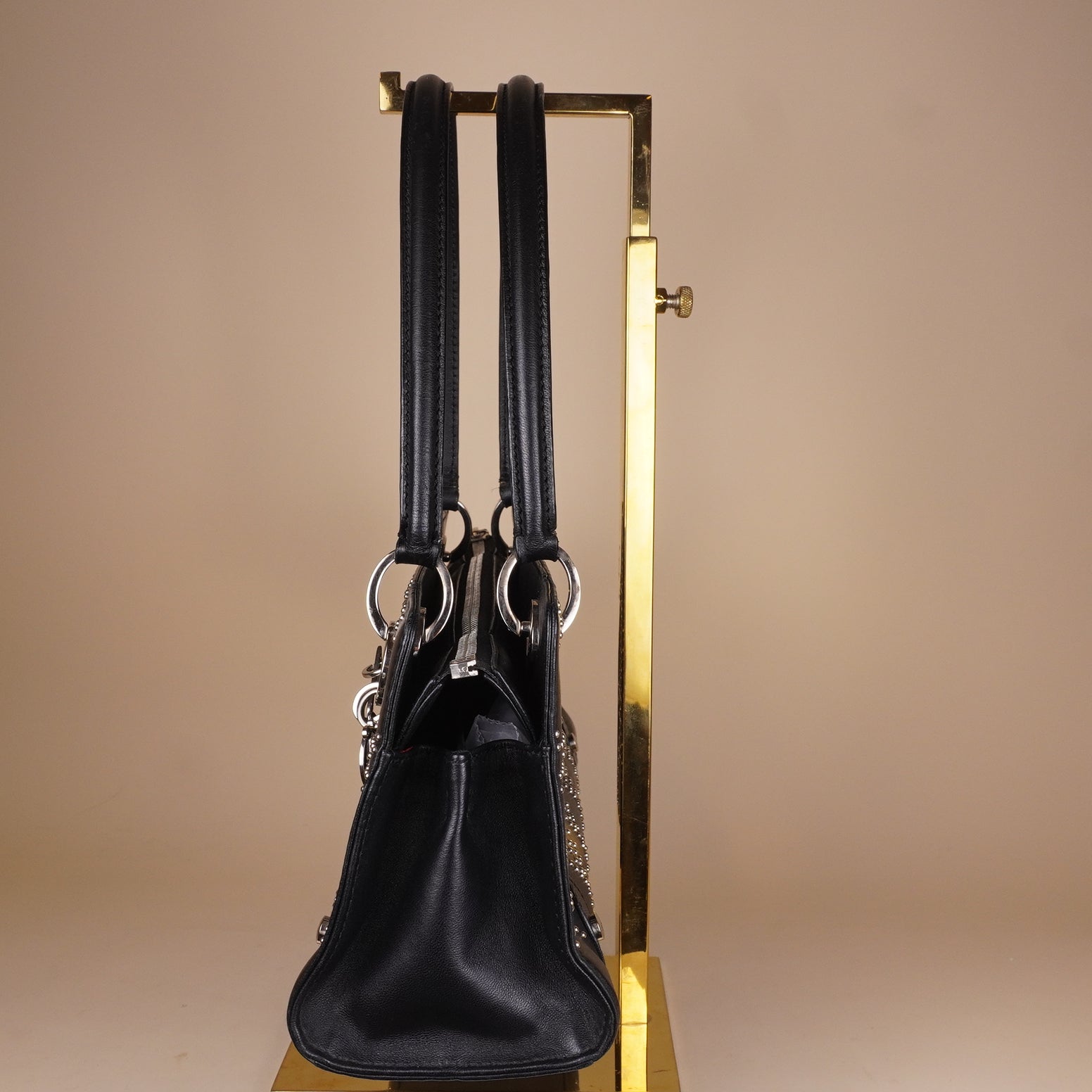 PRE-OWNED Black Studded Lady Dior Cannage Shoulder Bag