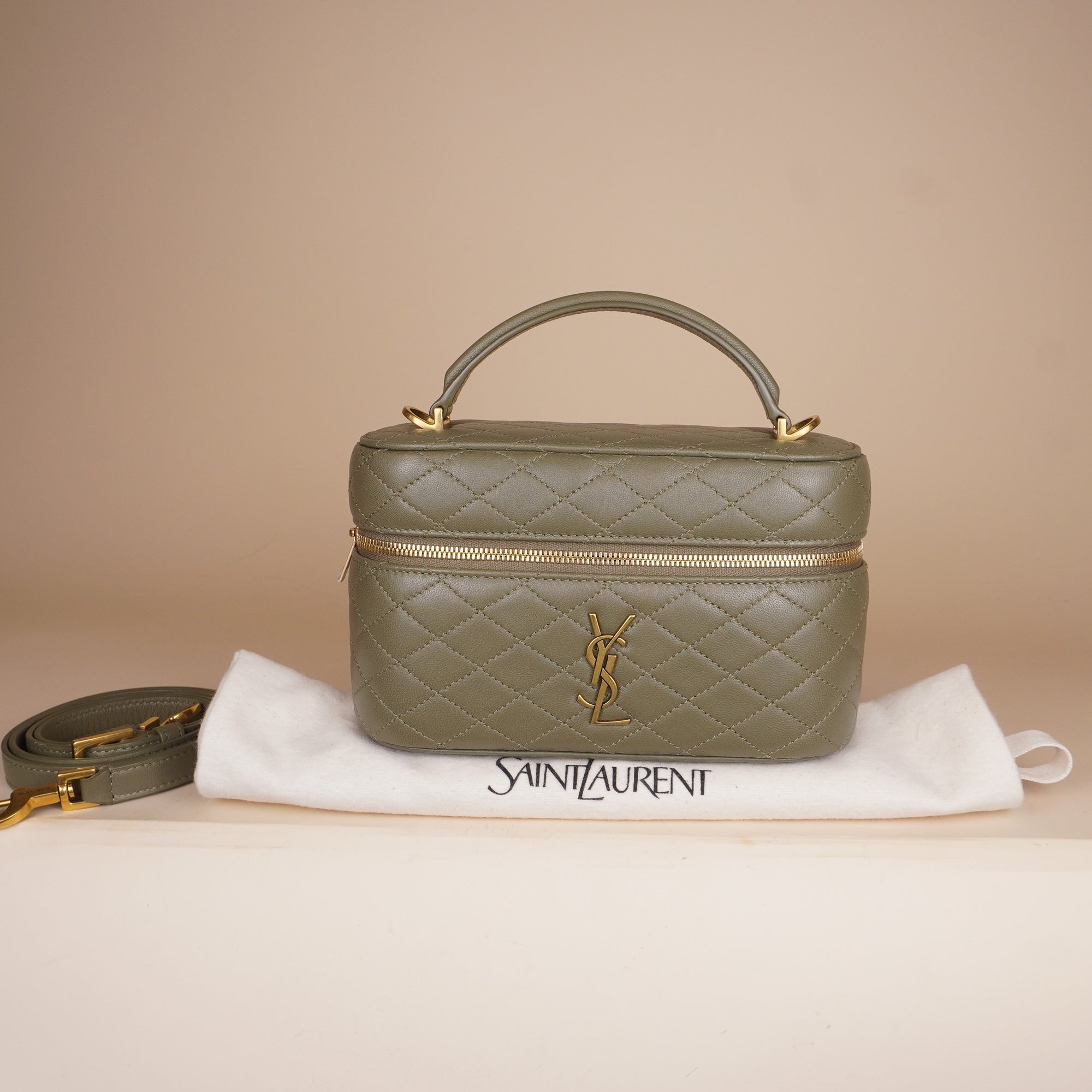 PRE-OWNED Olive Green Quilted Leather Mini Gaby Vanity Bag