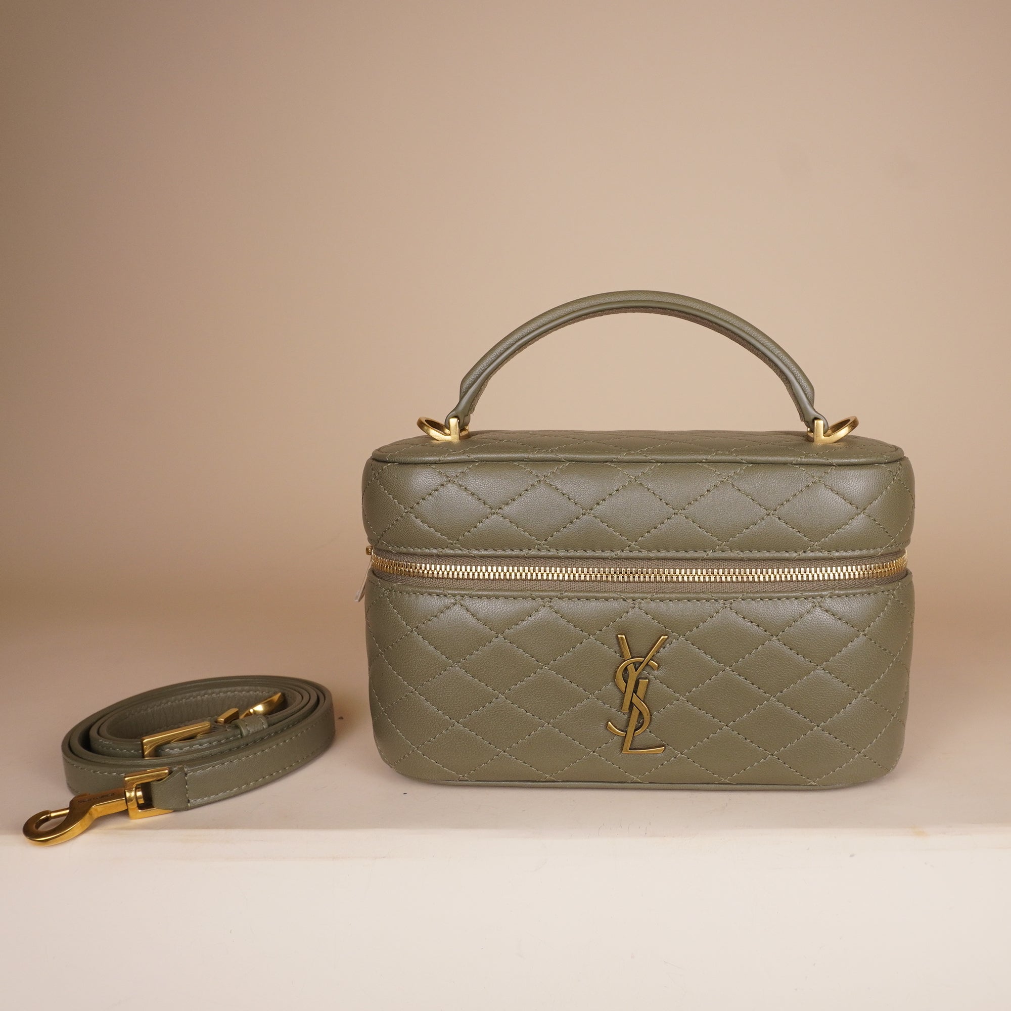 PRE-OWNED Olive Green Quilted Leather Mini Gaby Vanity Bag