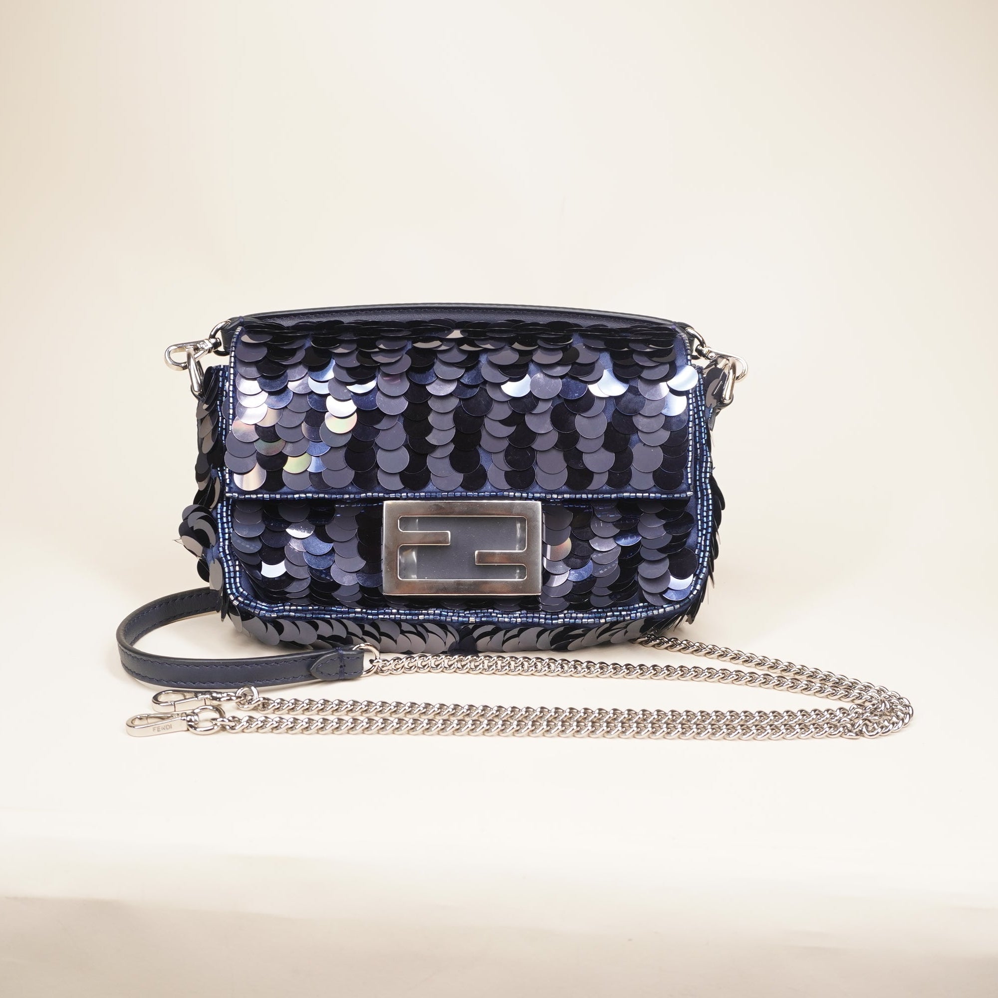 PRE-OWNED  Sequin Paillettes Vitello Grace Striped Mini Baguette Dark Blue Lunai