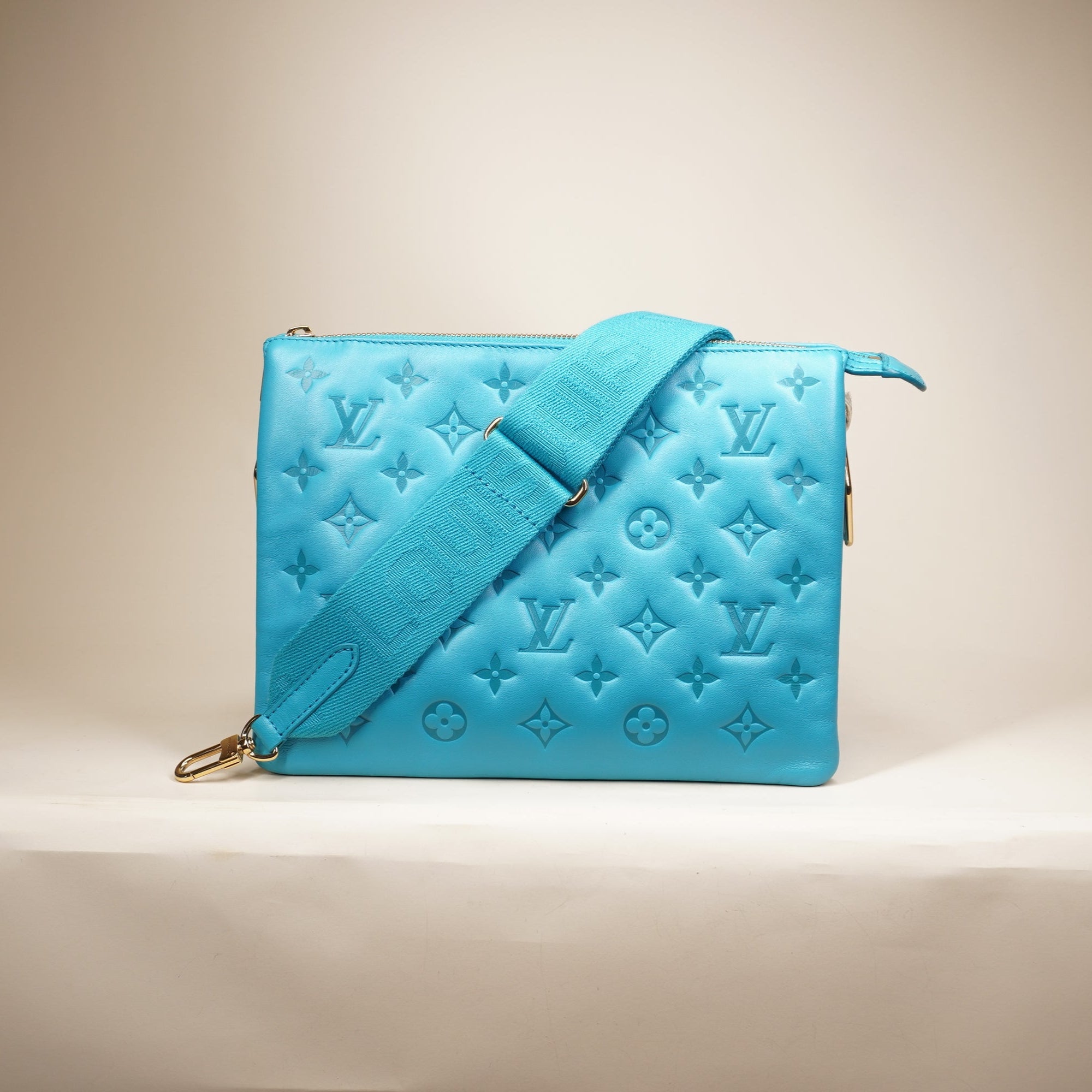 PRE-OWNED Lambskin Embossed Monogram Coussin Blue