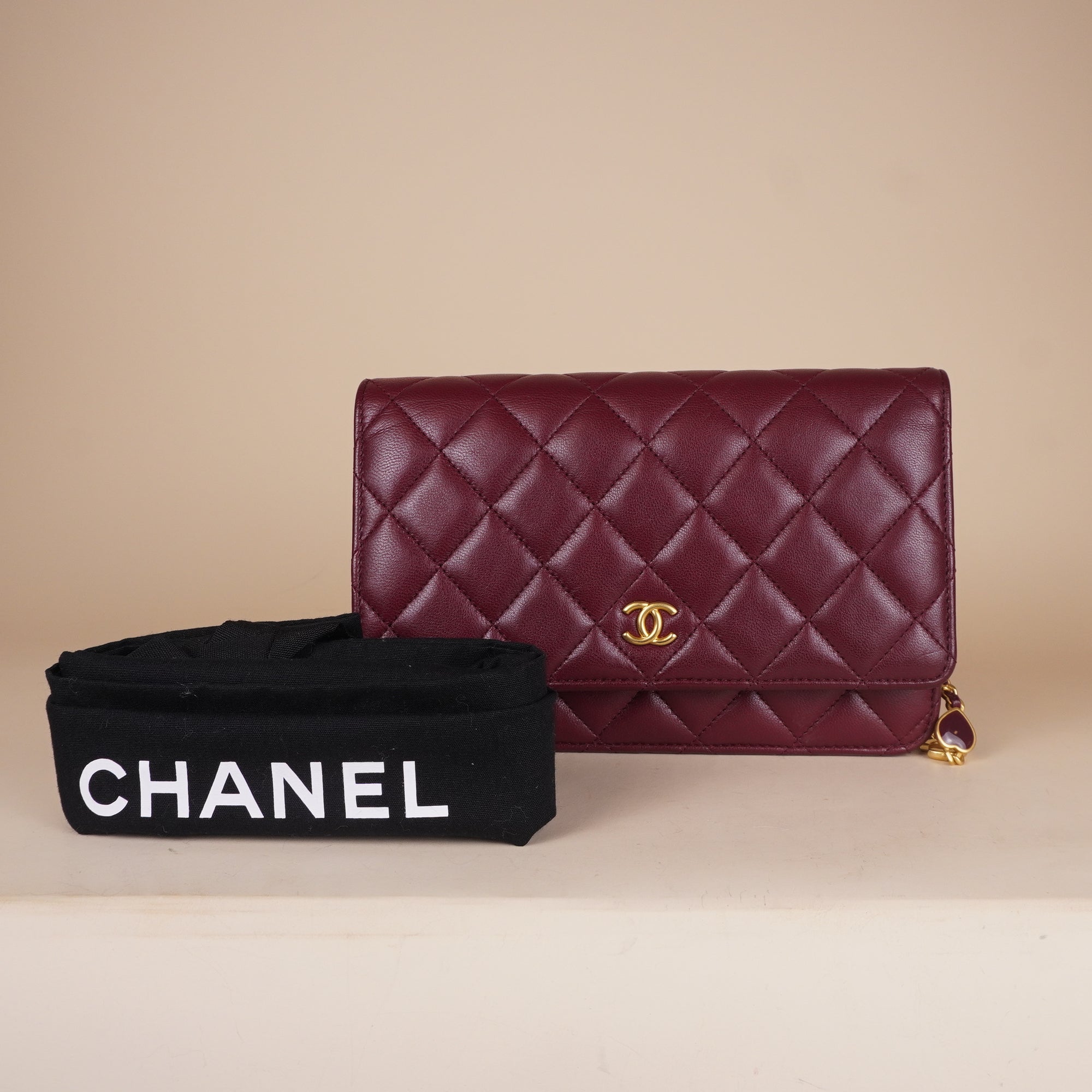 PRE-OWNED CC Lambskin Quilted Wallet On Chain WOC Burgundy