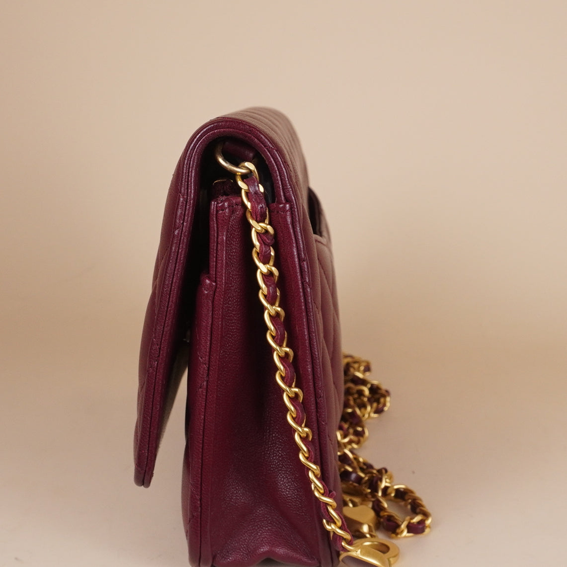 PRE-OWNED CC Lambskin Quilted Wallet On Chain WOC Burgundy