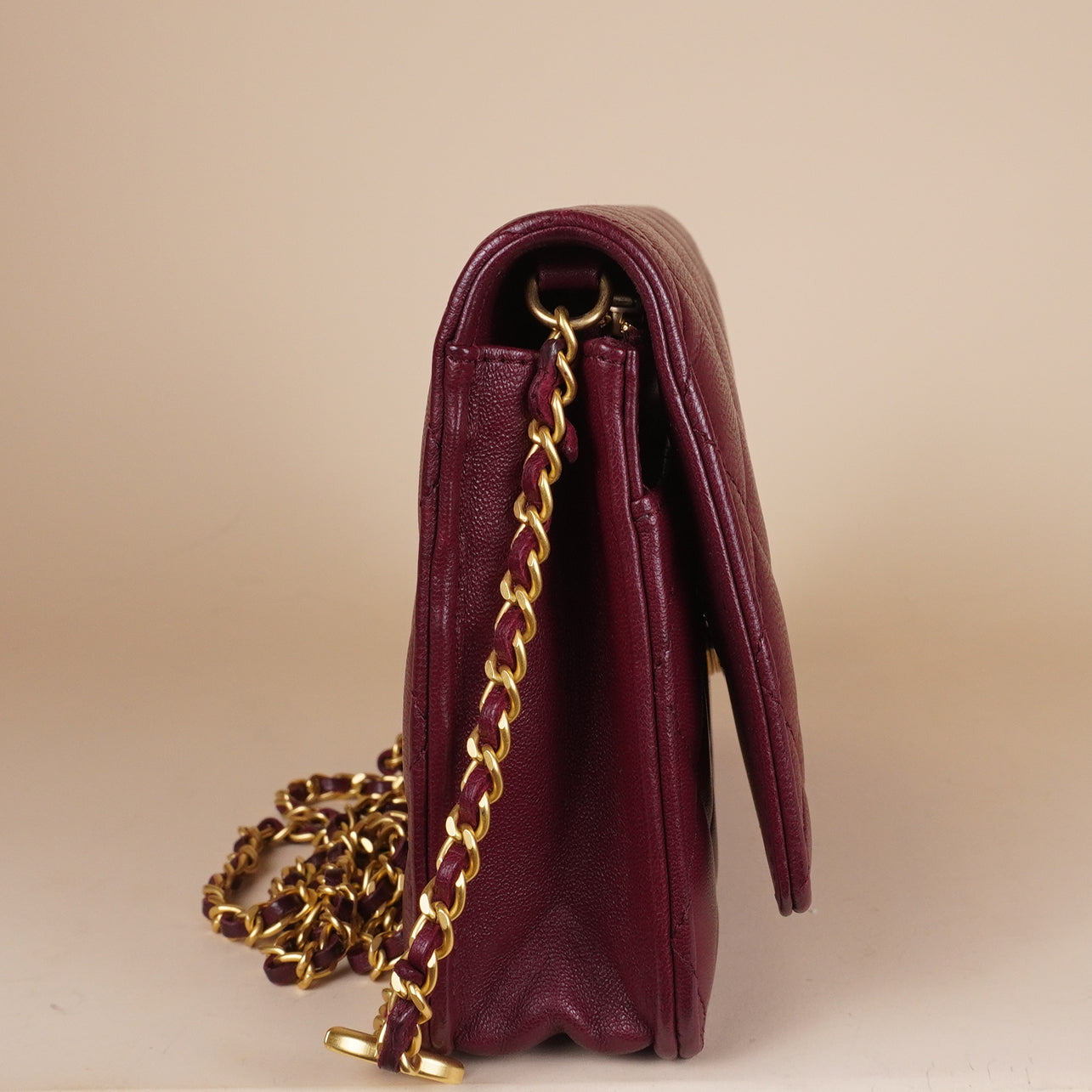 PRE-OWNED CC Lambskin Quilted Wallet On Chain WOC Burgundy