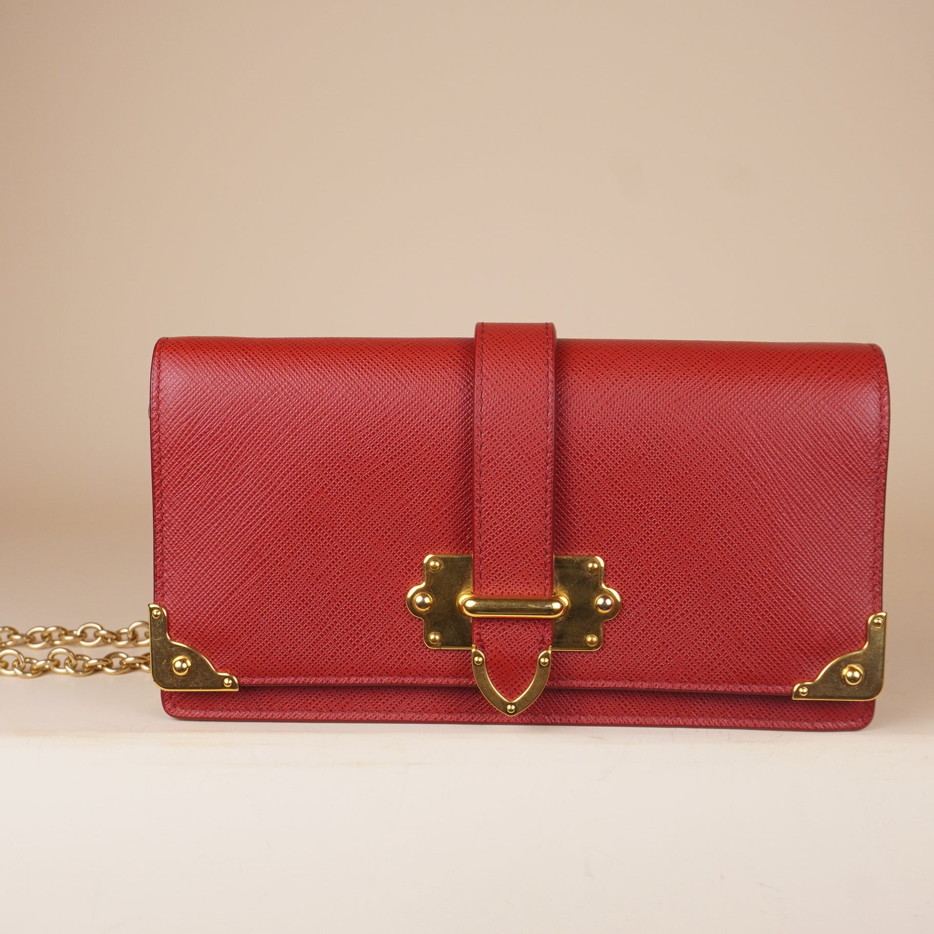PRE-OWNED Red Saffiano Leather Cahier Wallet on Chain
