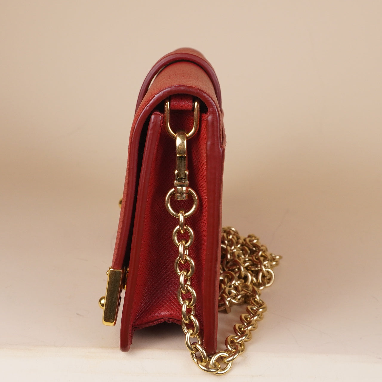 PRE-OWNED Red Saffiano Leather Cahier Wallet on Chain