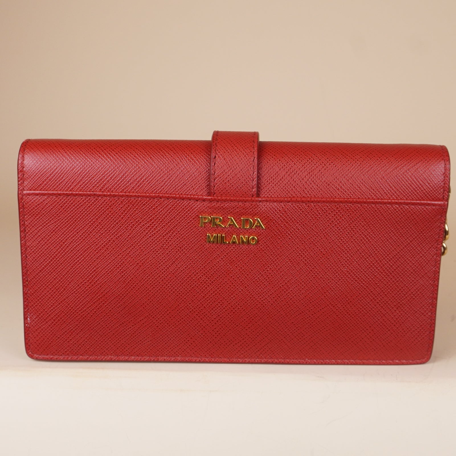 PRE-OWNED Red Saffiano Leather Cahier Wallet on Chain