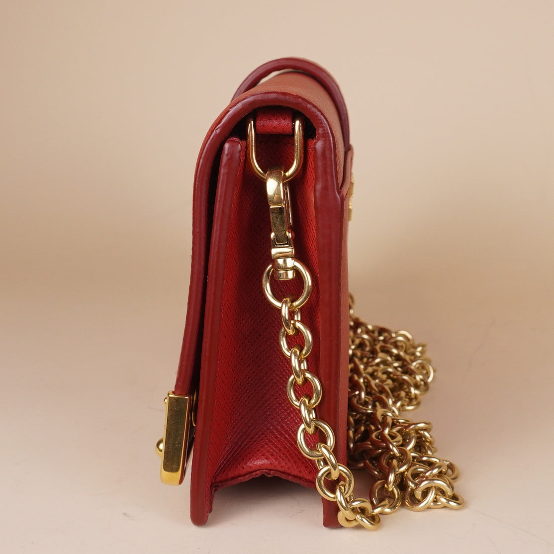 PRE-OWNED Red Saffiano Leather Cahier Wallet on Chain