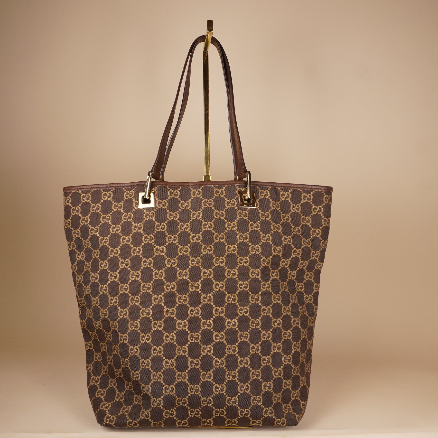 PRE-OWNED GG Brown Gold Canvas Tote Bag