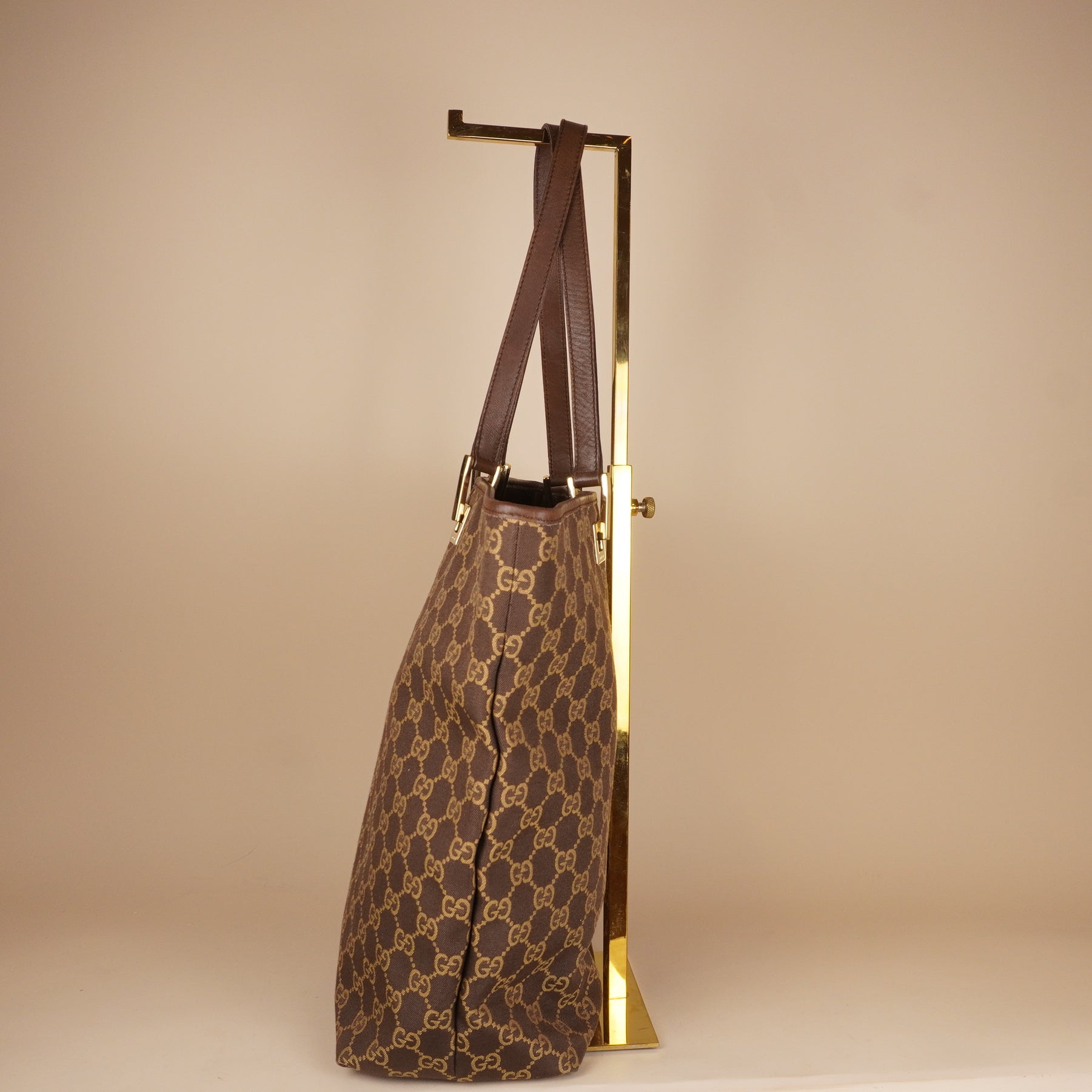 PRE-OWNED GG Brown Gold Canvas Tote Bag