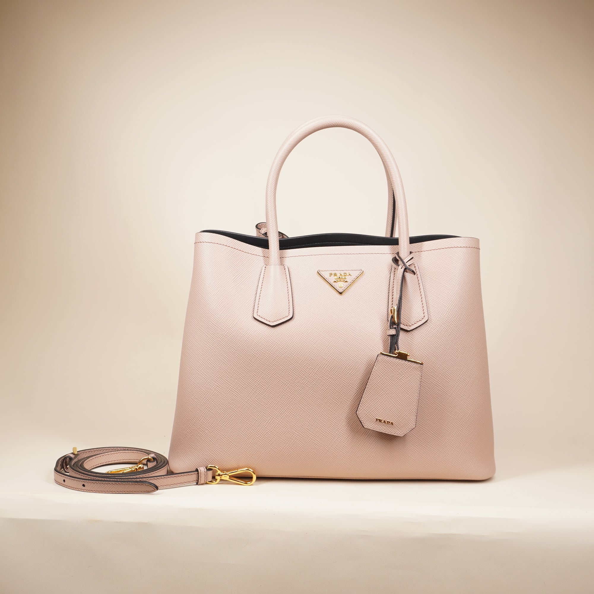 PRE-OWNED Rose Saffiano Cuir Medium Double Bag Cammeo Shoulder Bag