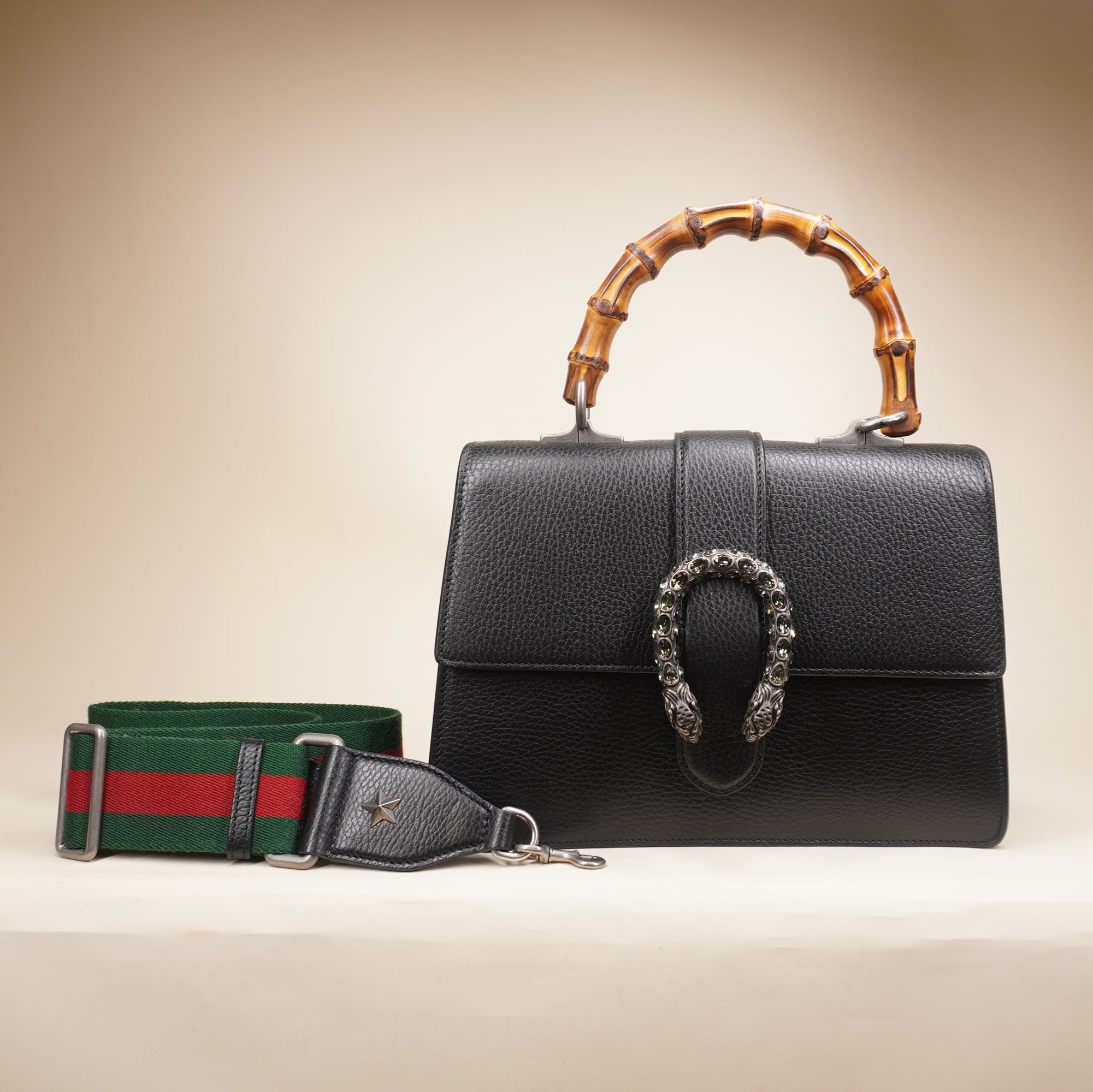 PRE-OWNED GG Black Dollar Calfskin Crystal Web Medium Dionysus Bamboo Top Handle Bag