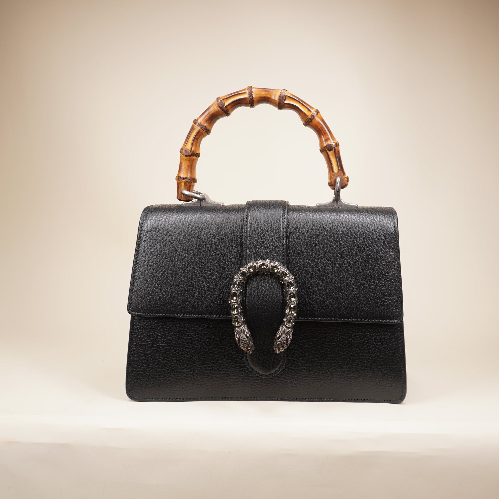 PRE-OWNED GG Black Dollar Calfskin Crystal Web Medium Dionysus Bamboo Top Handle Bag