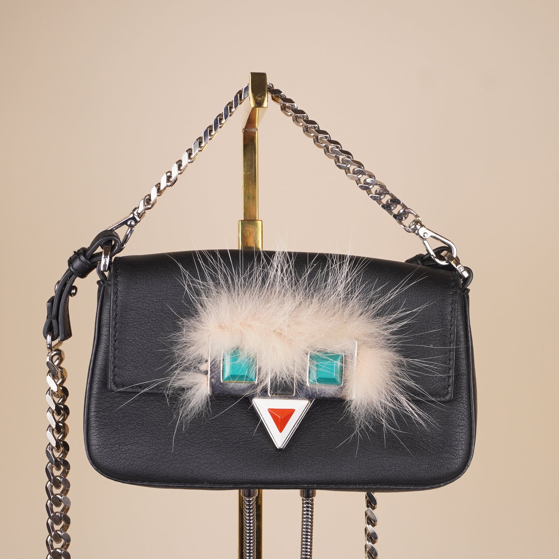 PRE-OWNED FF Baguette Micro Monster Fur and Black Leather Bag