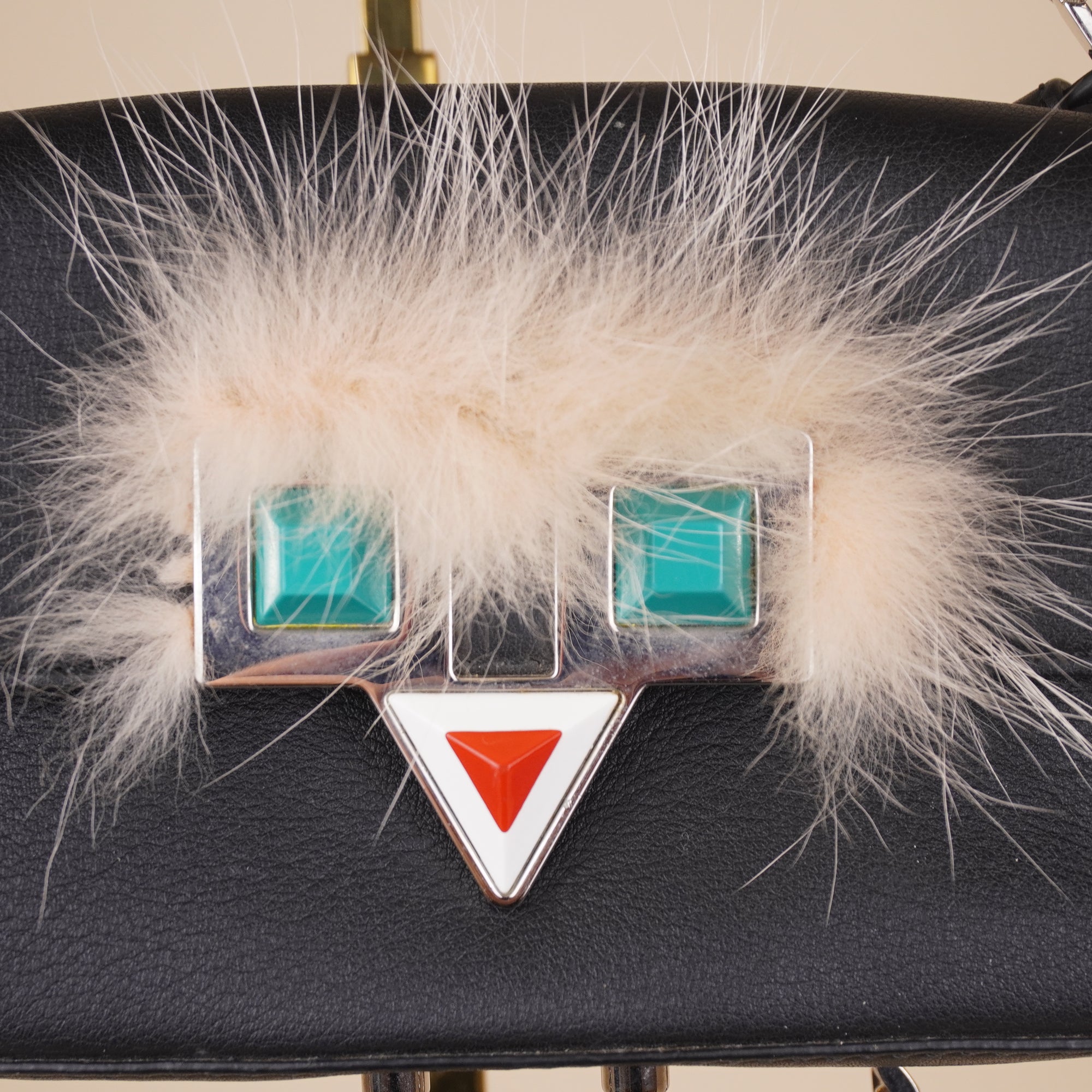 PRE-OWNED FF Baguette Micro Monster Fur and Black Leather Bag