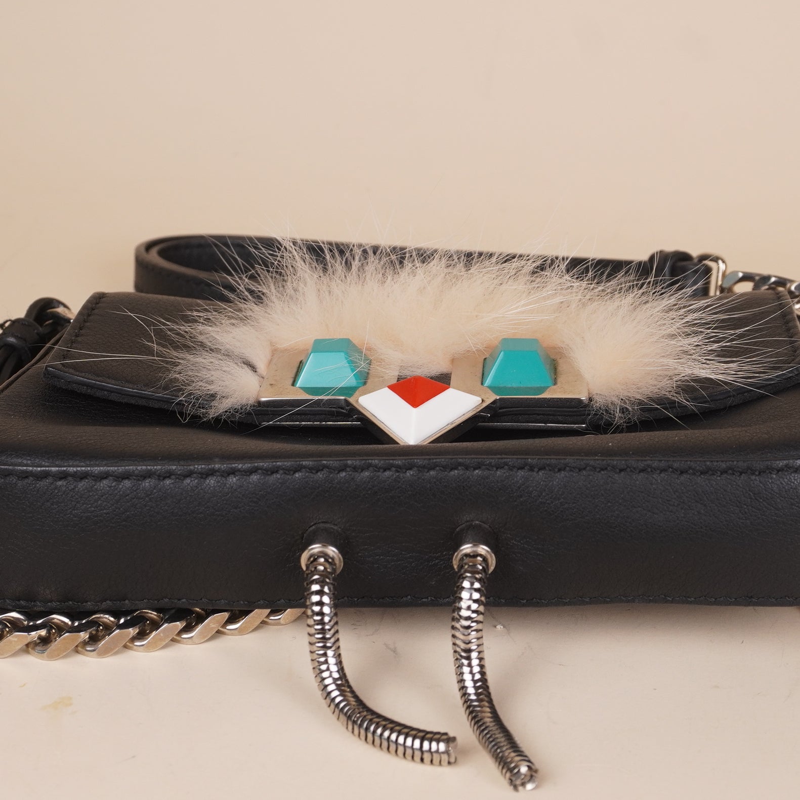 PRE-OWNED FF Baguette Micro Monster Fur and Black Leather Bag
