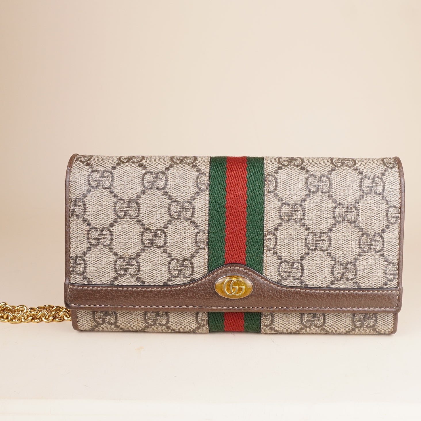 PRE-OWNED Beige GG Supreme Monogram Web Ophidia Chain Wallet