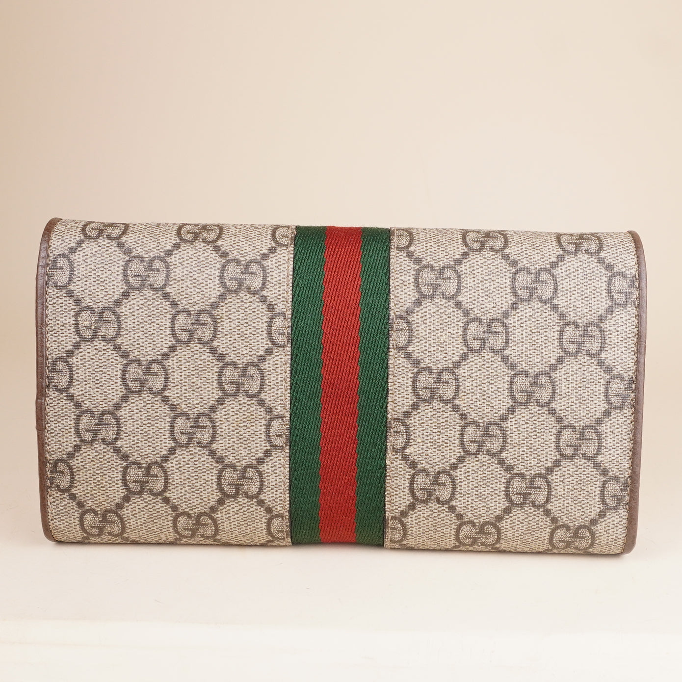 PRE-OWNED Beige GG Supreme Monogram Web Ophidia Chain Wallet